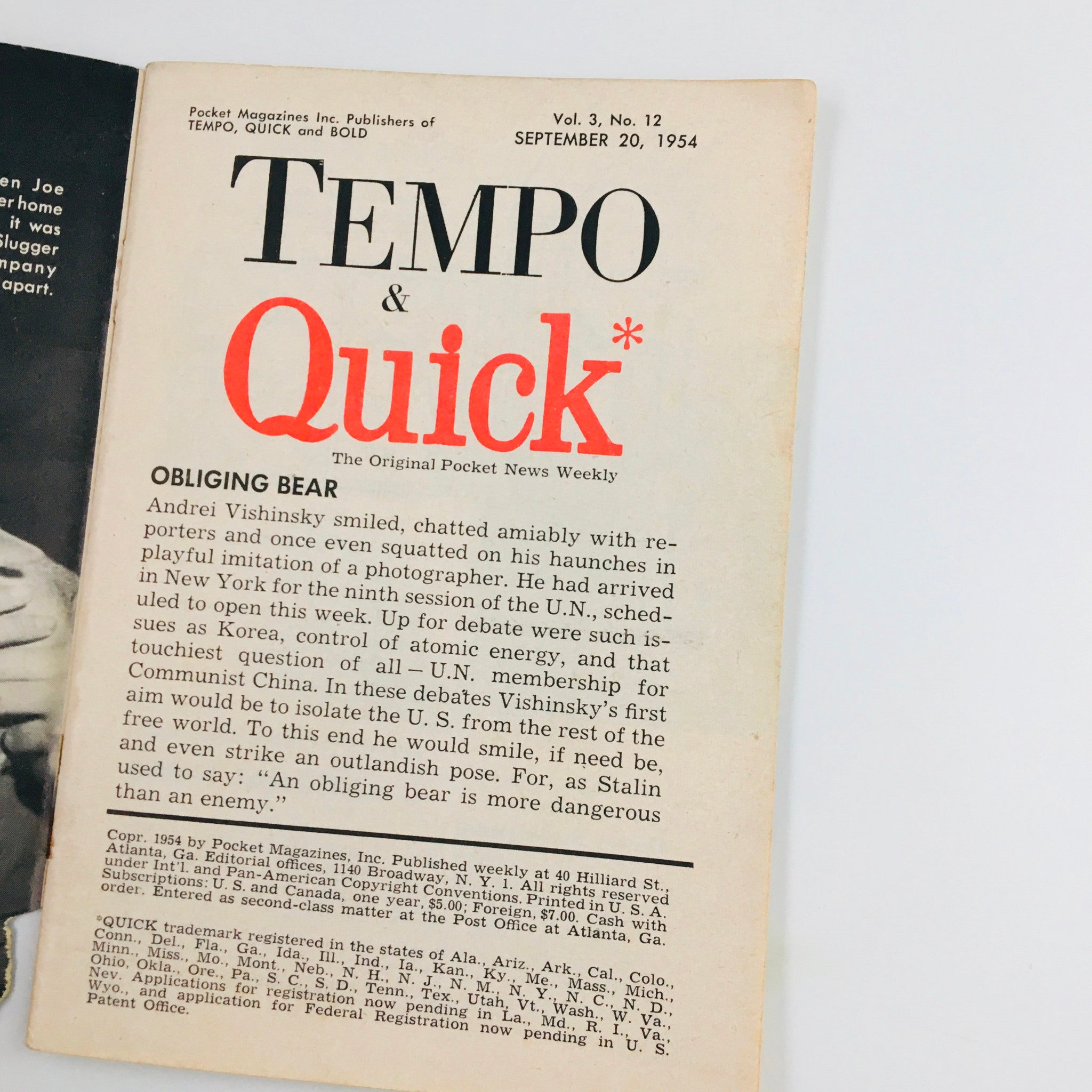 VTG Tempo and Quick Magazine September 20 1954 Mamie Van Doren No Label