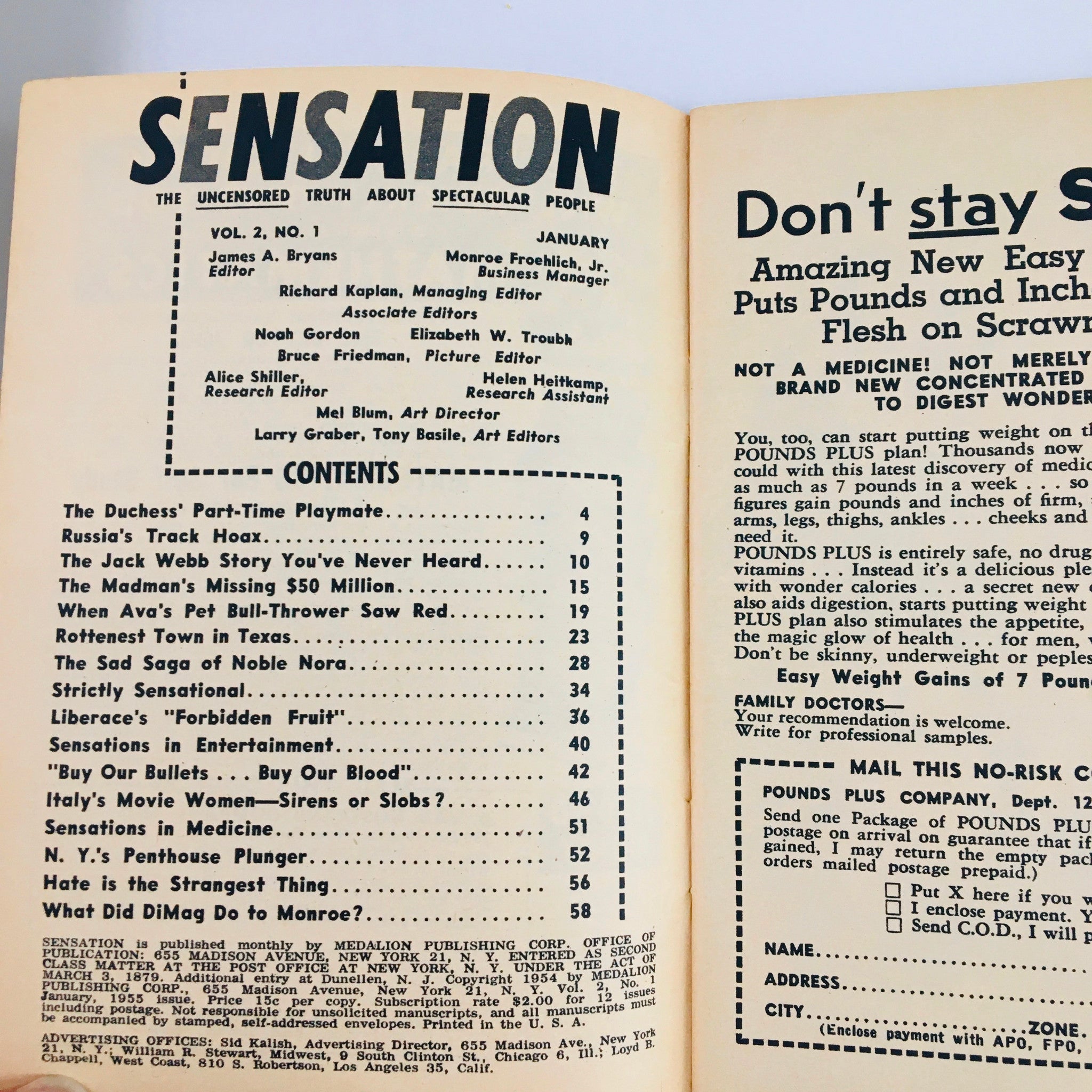 VTG Sensation Magazine January 1955 What Did Dimag Do To Marilyn Monroe No Label