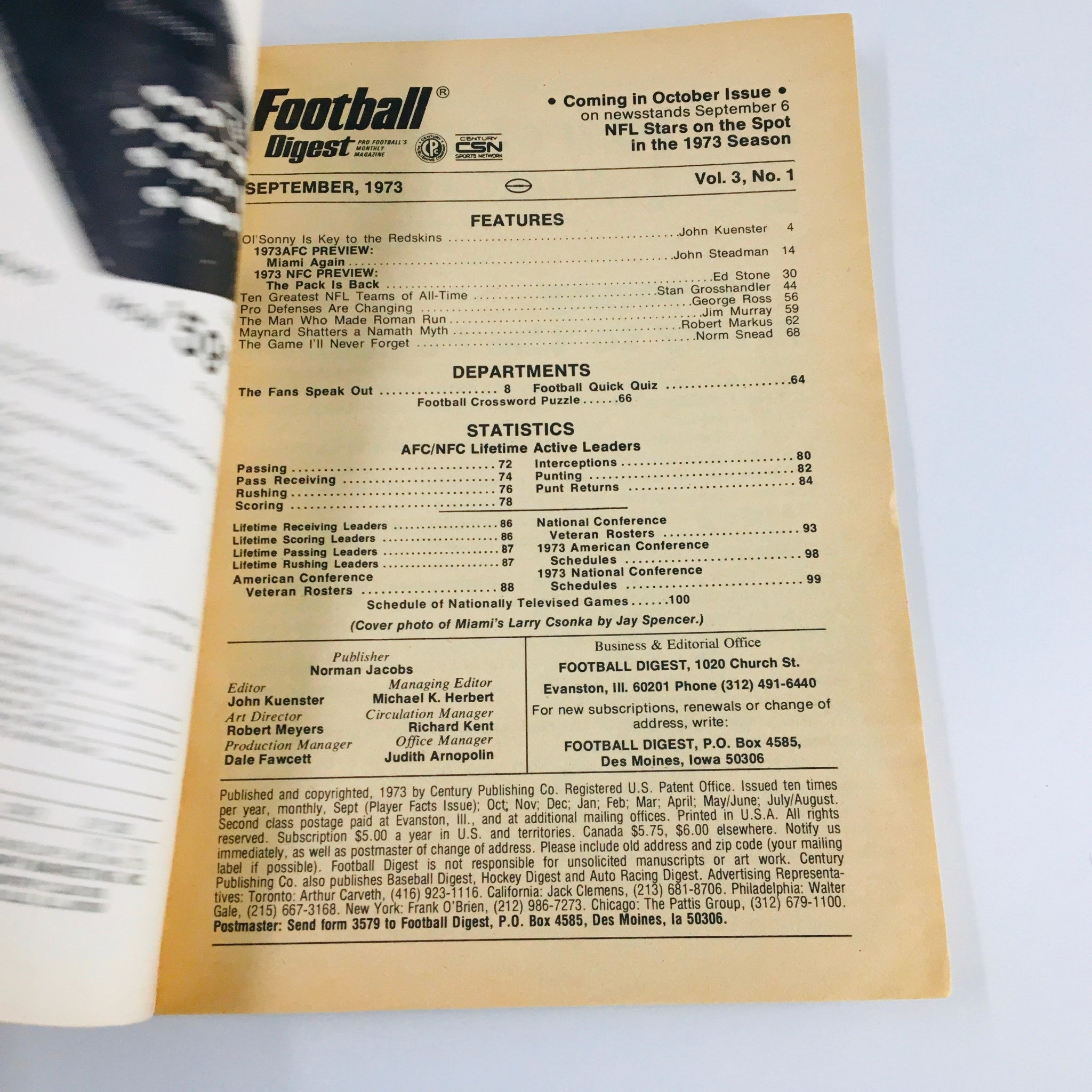 Interior page of VTG Football Digest Magazine September 1973, displaying features and statistics including AFC/NFC Lifetime Active Leaders.