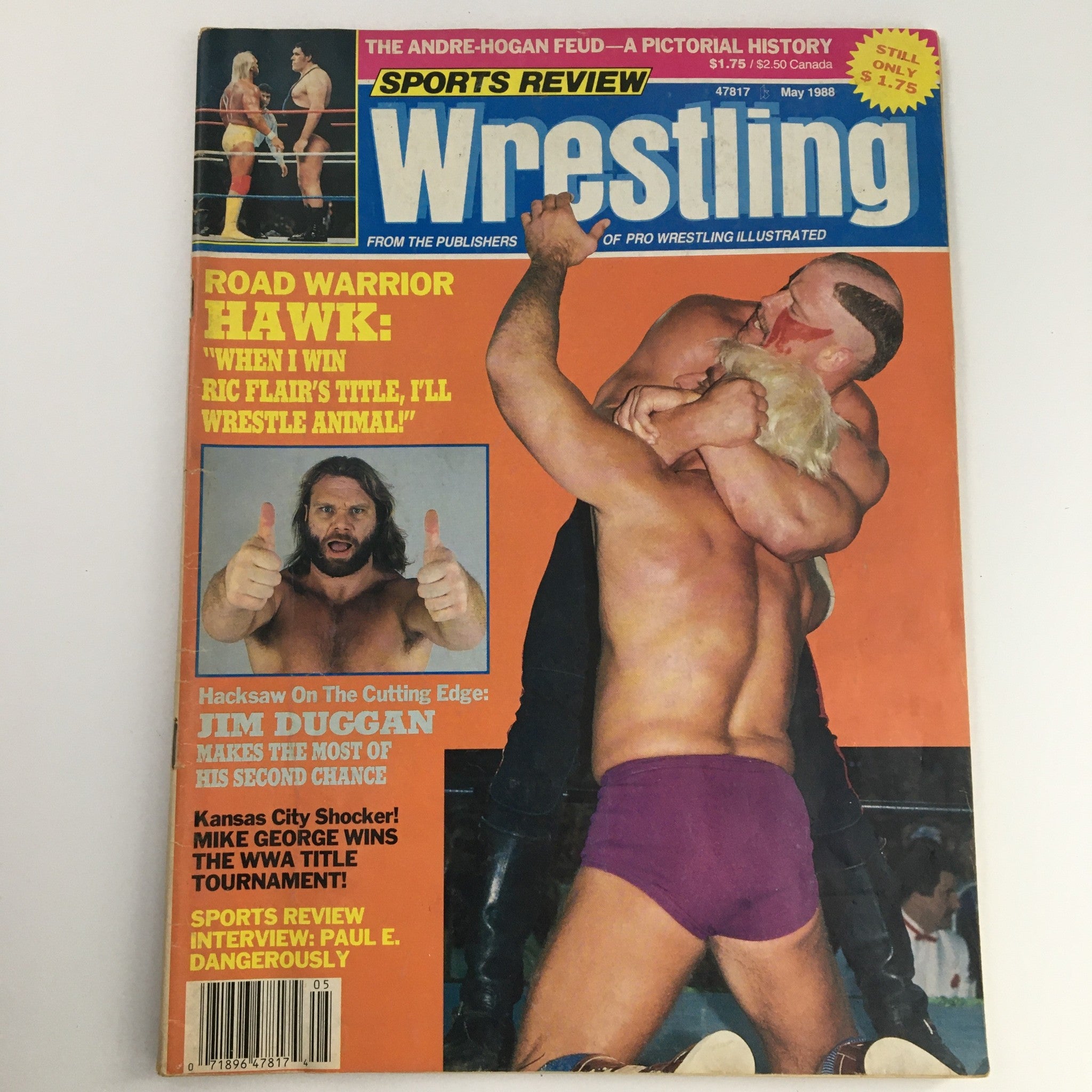 Cover of Sports Review Wrestling Magazine May 1988 featuring Andre The Giant and Hulk Hogan, showcasing famous wrestlers during a match.