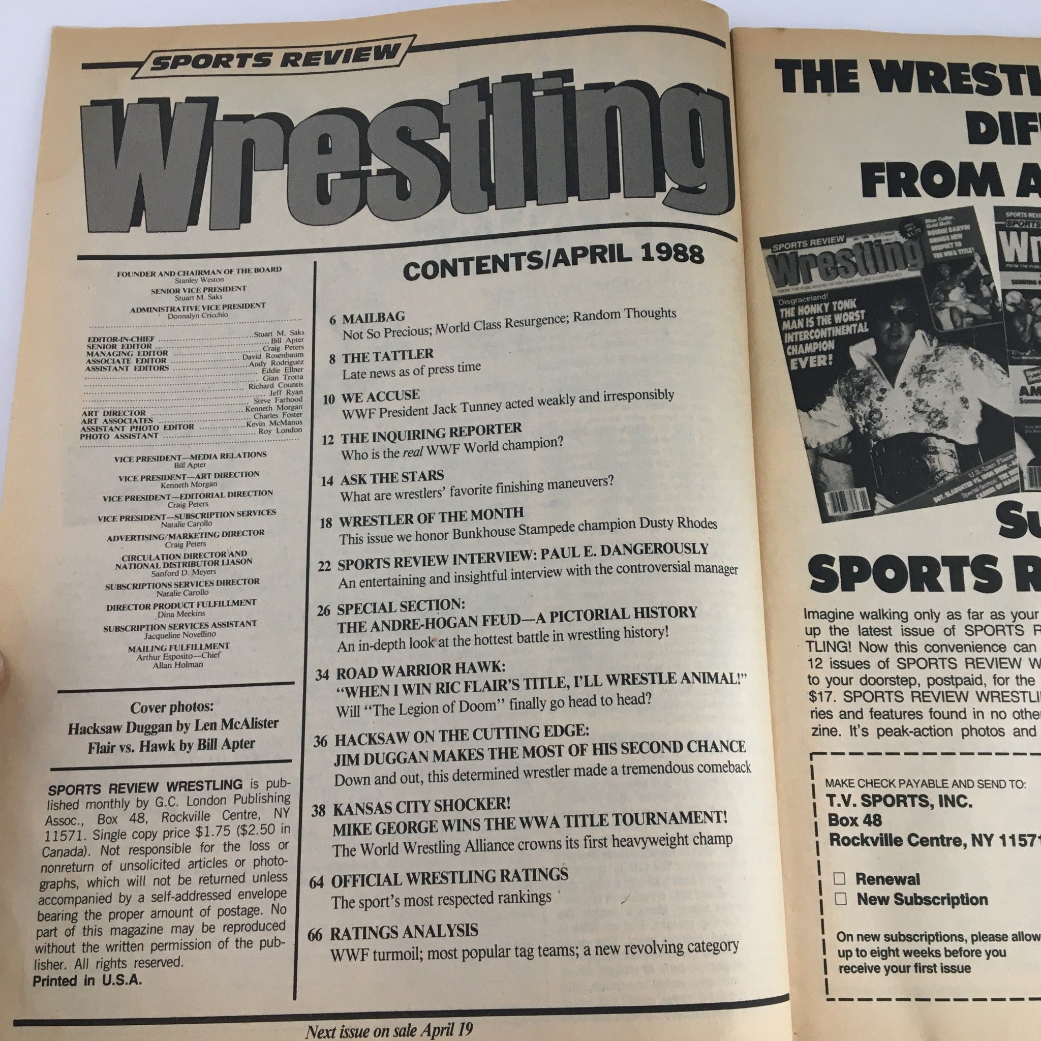 Contents page of Sports Review Wrestling Magazine May 1988, listing articles including features on Andre The Giant and Hulk Hogan.