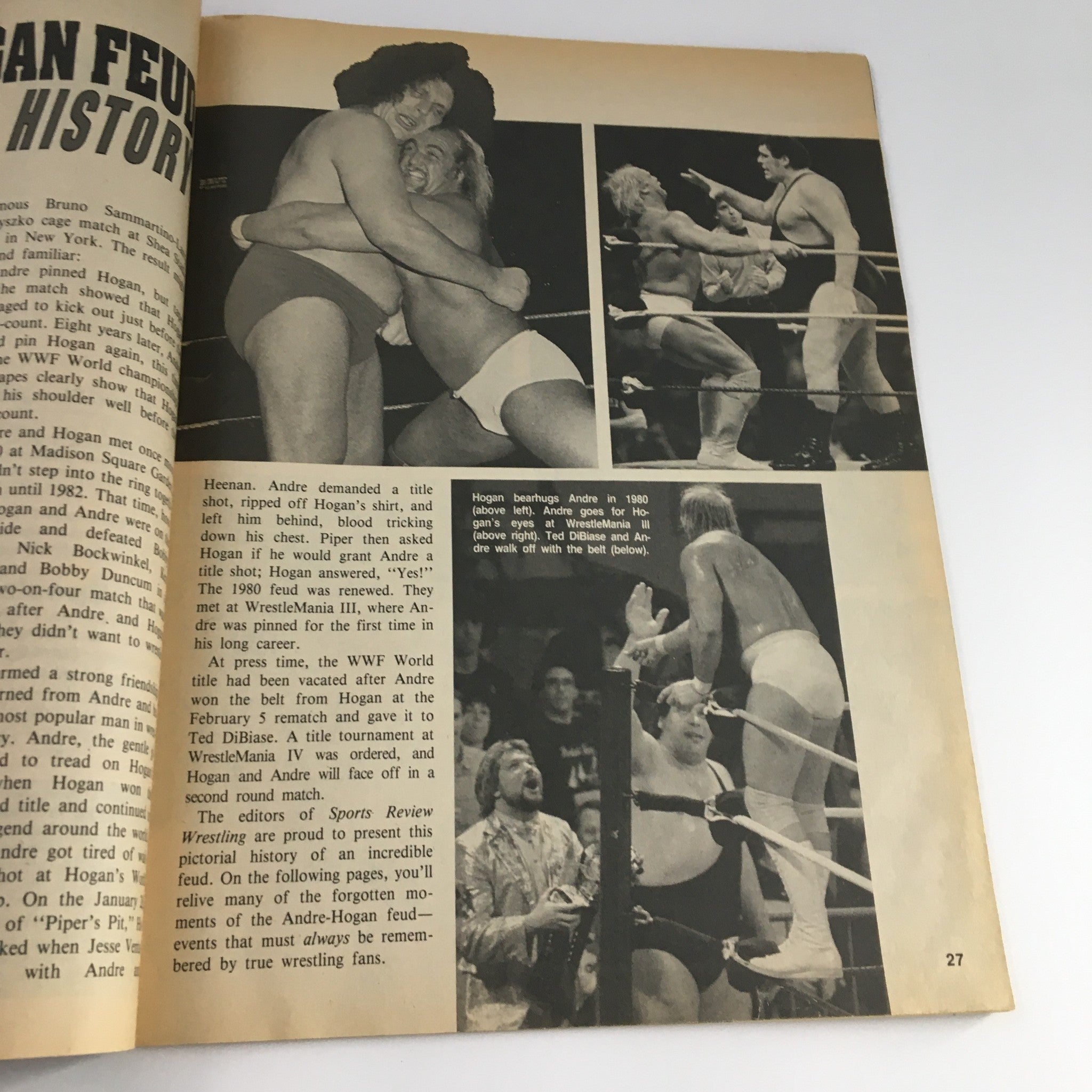 Article page from Sports Review Wrestling Magazine May 1988 discussing the Andre-Hogan feud with historic photos of their wrestling encounters.