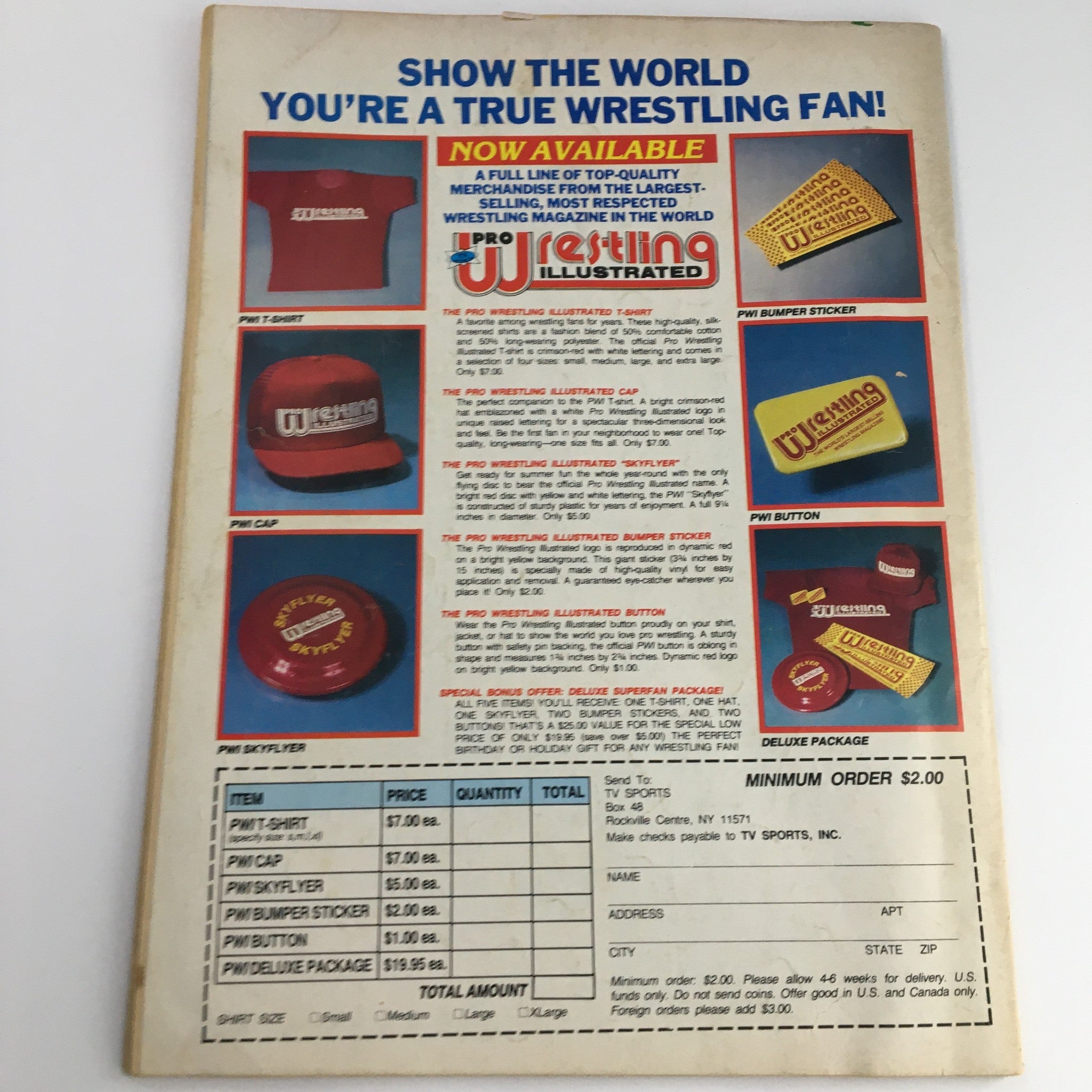 Back cover of Sports Review Wrestling Magazine May 1988 showcasing merchandise including t-shirts, caps, bumper stickers, and buttons available through Pro Wrestling Illustrated. This nostalgic piece features promotions for wrestling fan apparel and collectibles.