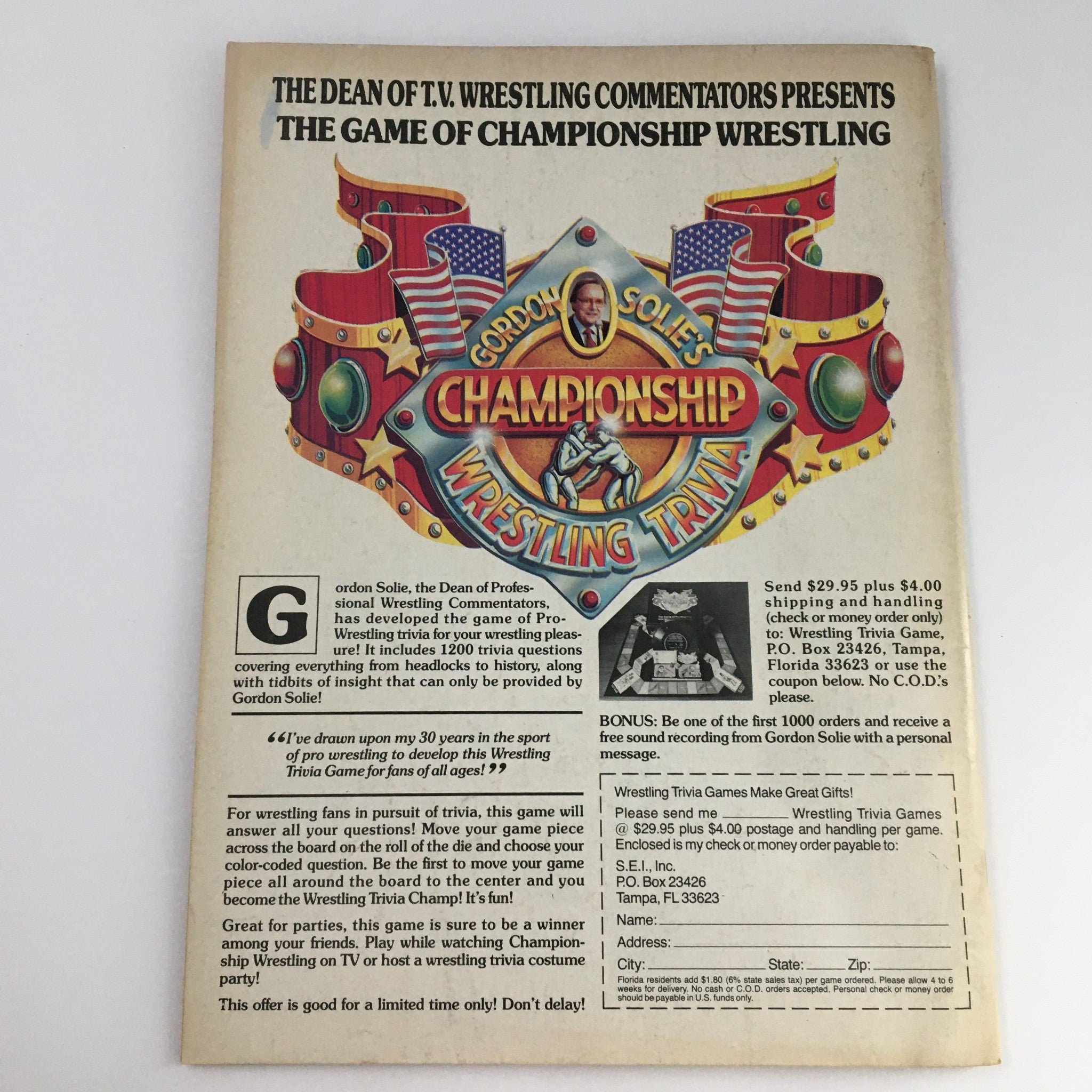 Wrestler Annual Magazine Summer 1988: The back cover featuring a promotional image for Gordon Solie's Championship Wrestling Trivia game, highlighting wrestling culture and entertainment.