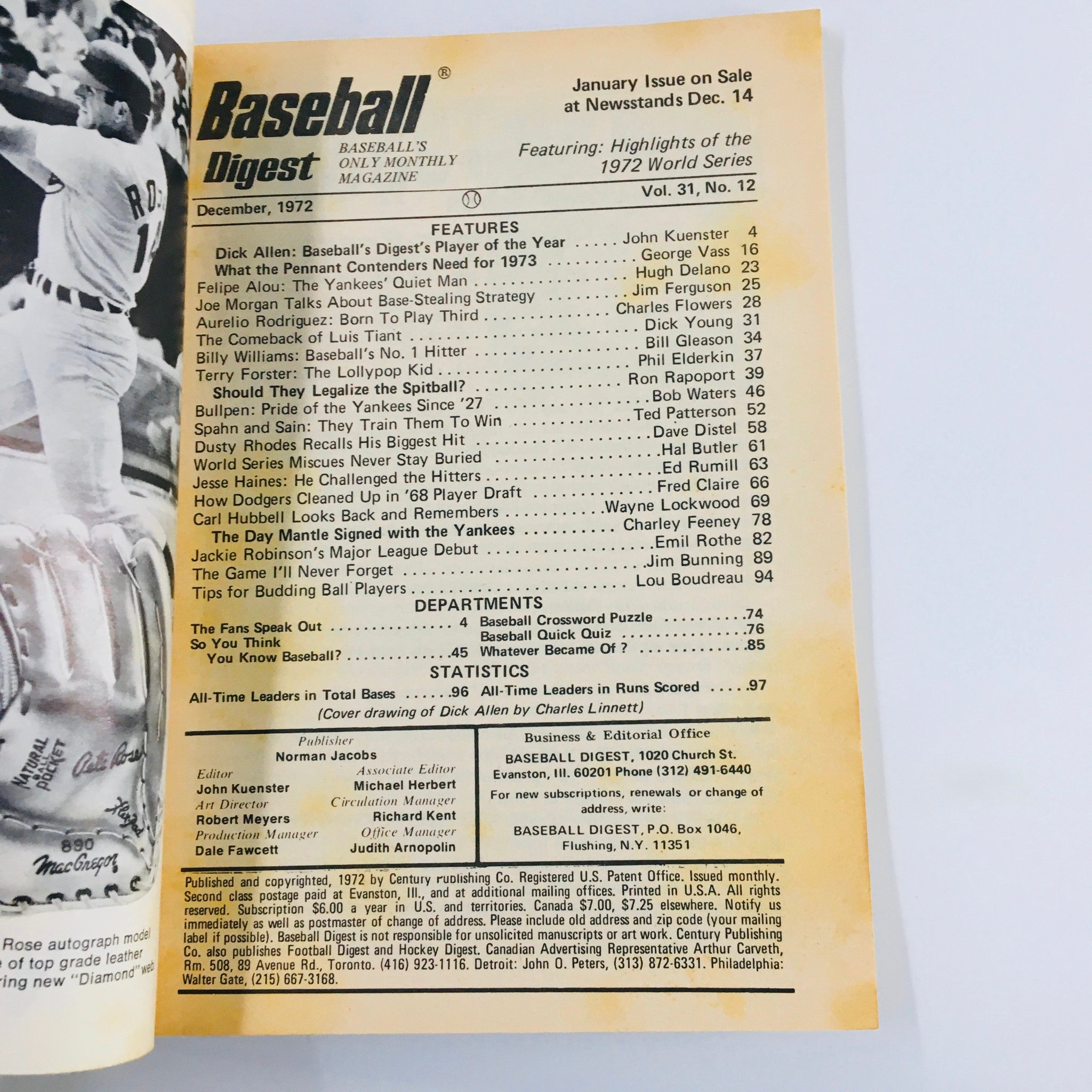 VTG Baseball Digest Magazine December 1972 Dick Allen Player of Year No Label