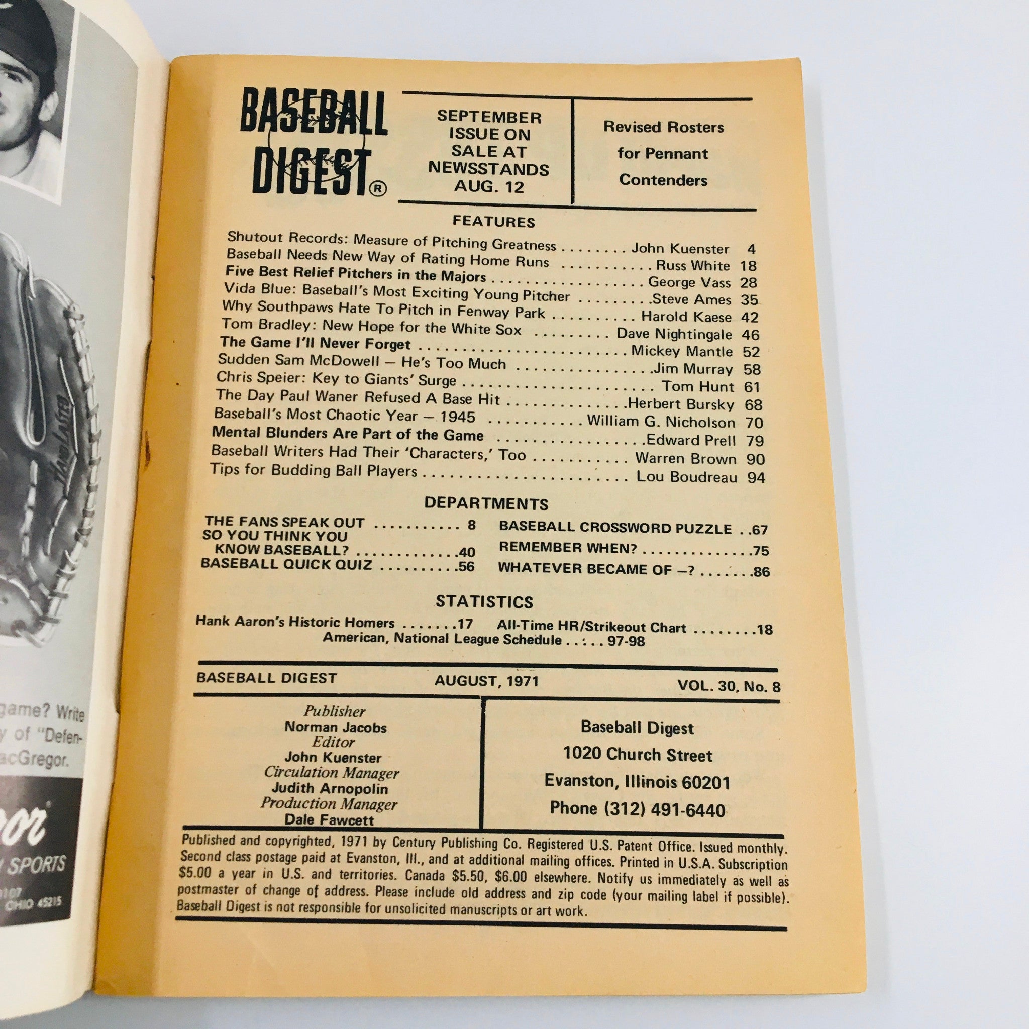 VTG Baseball Digest Magazine August 1971 Vida Blue The Young Pitcher No Label