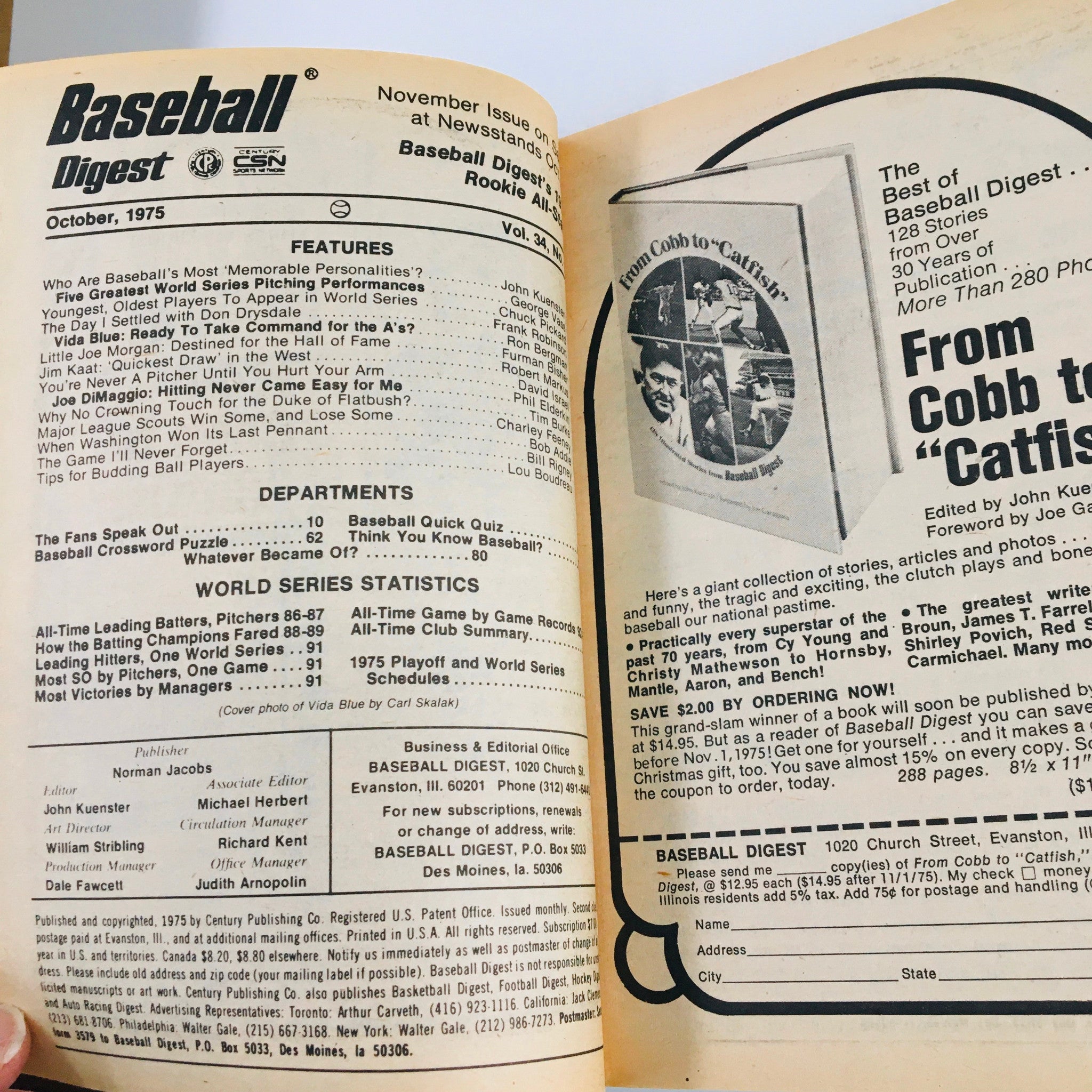 VTG Baseball Digest Magazine October 1975 Vida Blue and Frank Robinson