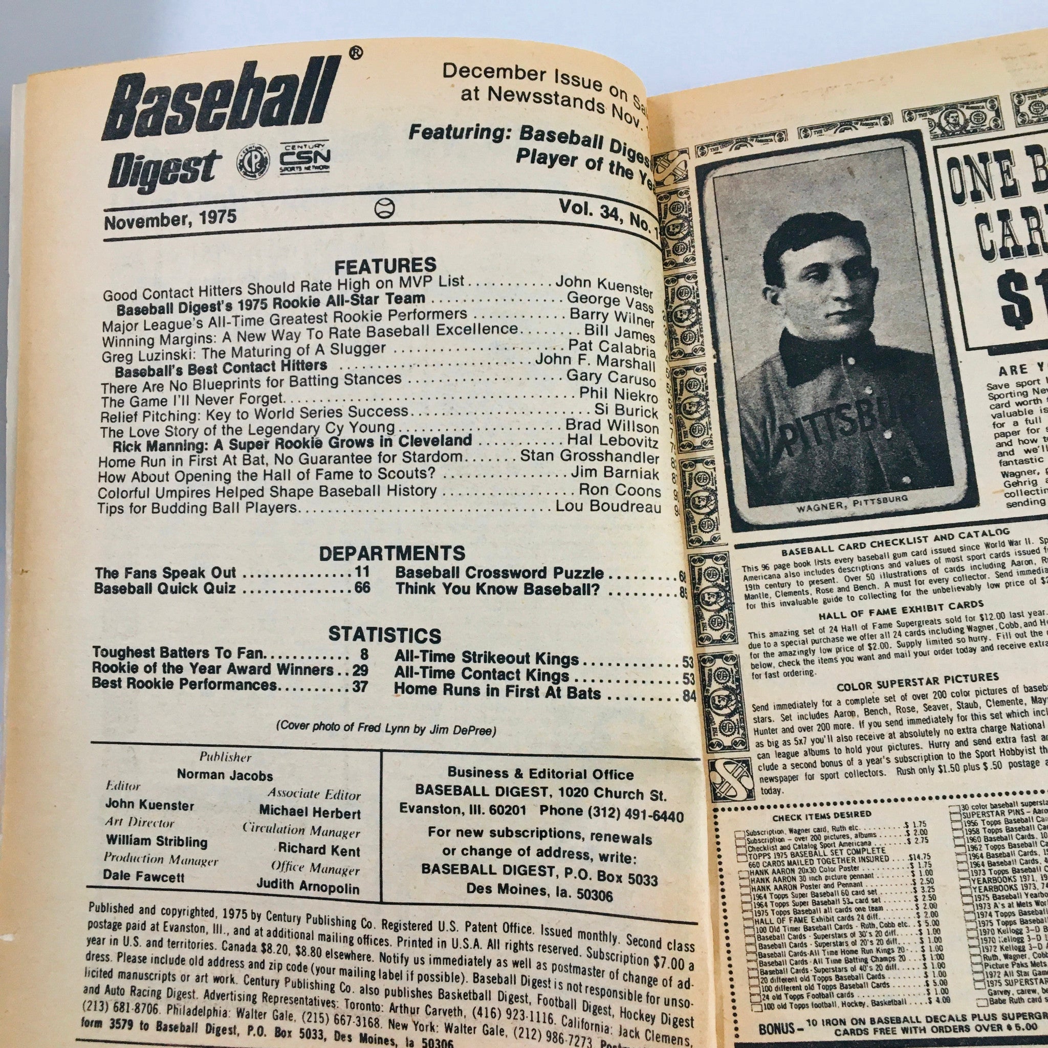 VTG Baseball Digest Magazine November 1975 Boston's Fred Lynn Rookie of the Year