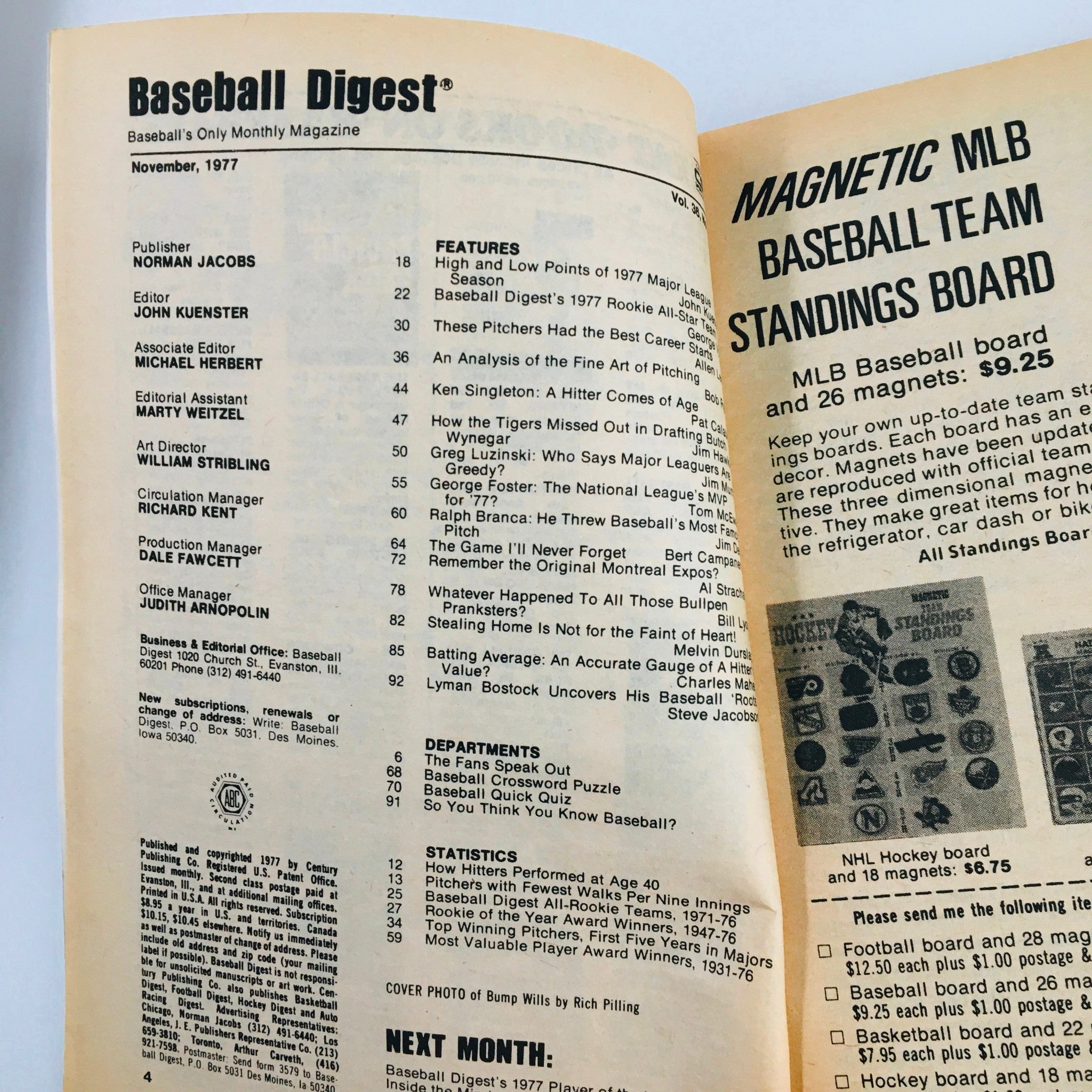 VTG Baseball Digest Magazine November 1977 Ranger Rookie Bump Wills