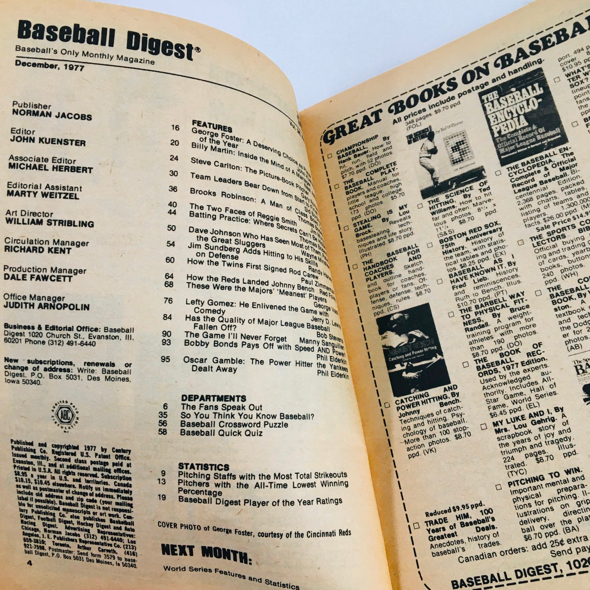 VTG Baseball Digest Magazine December 1977 George Foster Player of the Year