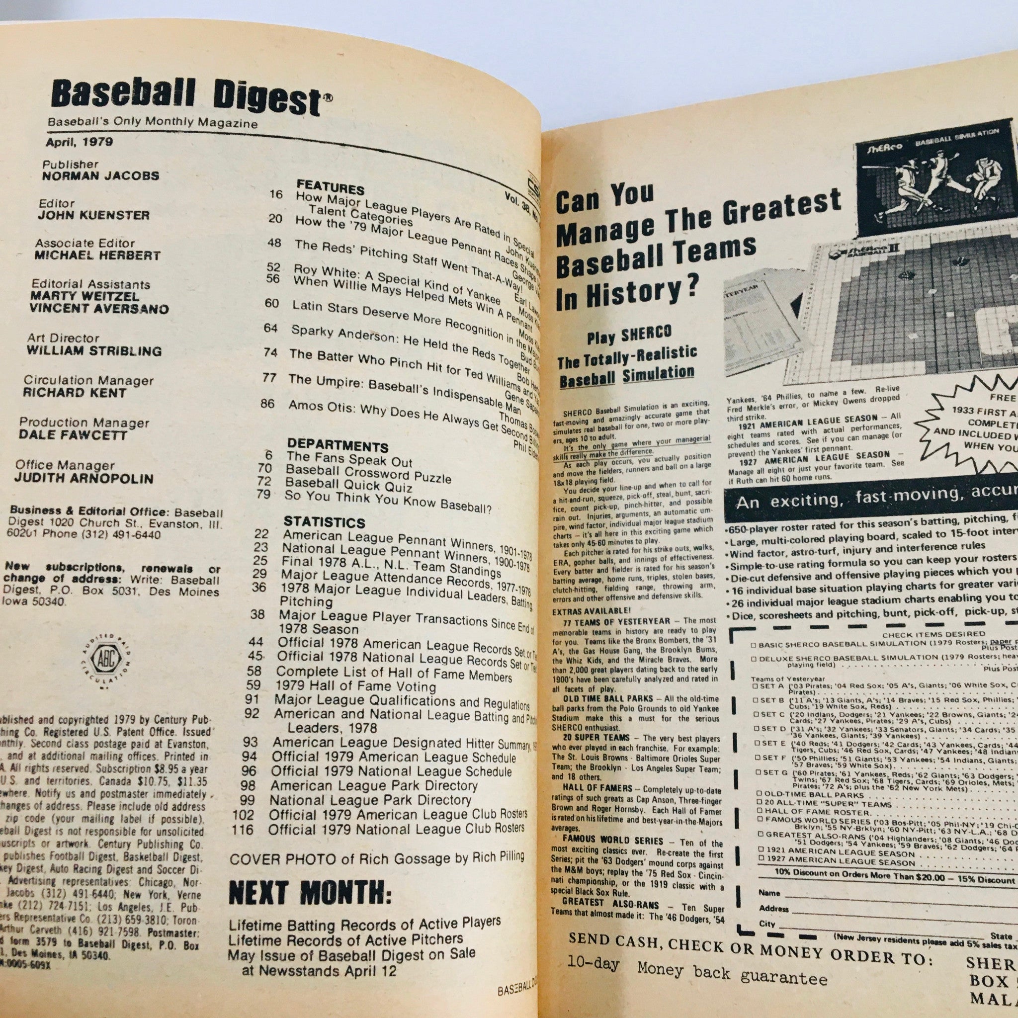 VTG Baseball Digest Magazine April 1979 Yankee Reliever Rich Gossage