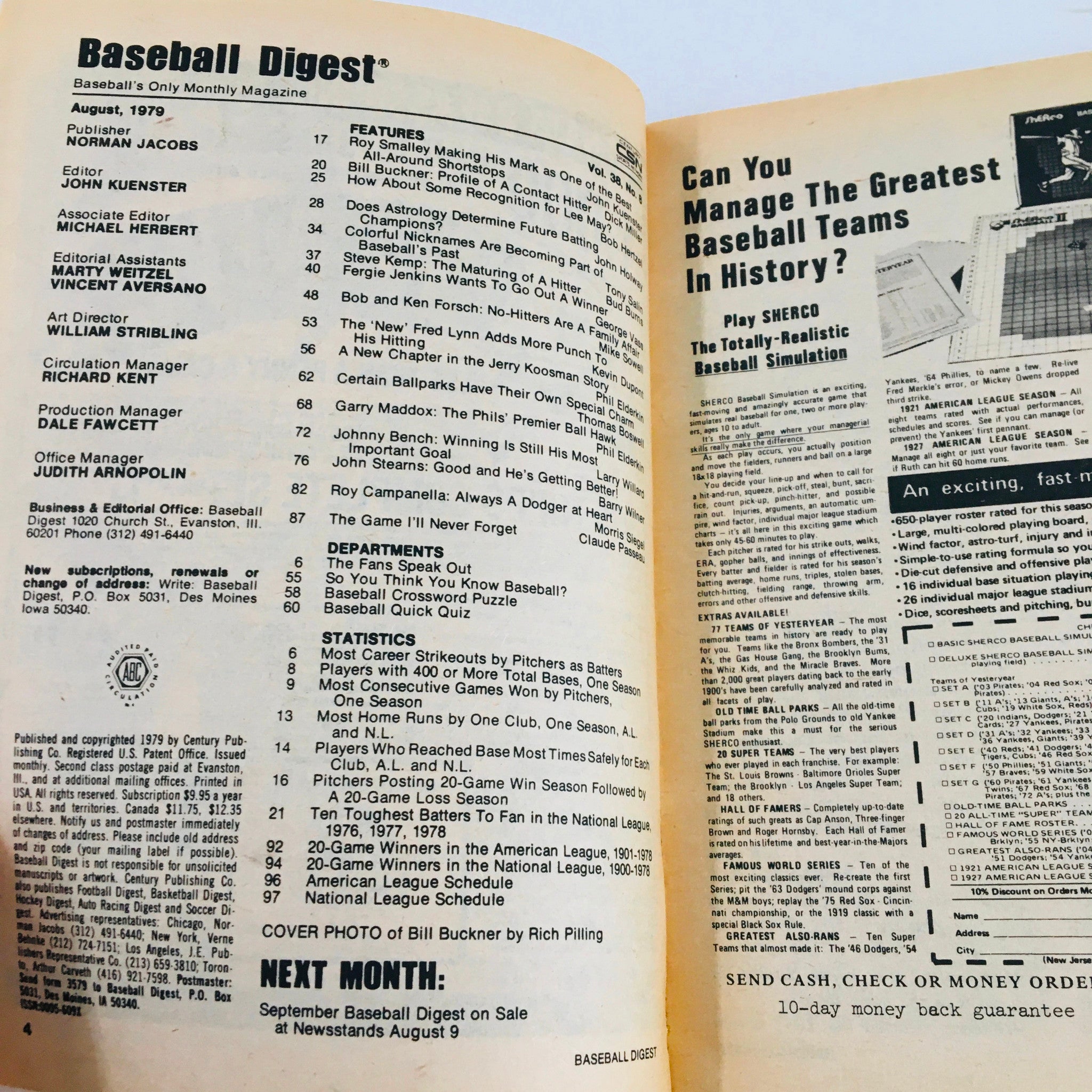 VTG Baseball Digest Magazine August 1979 Bill Buckner Profile of Contact Hitter