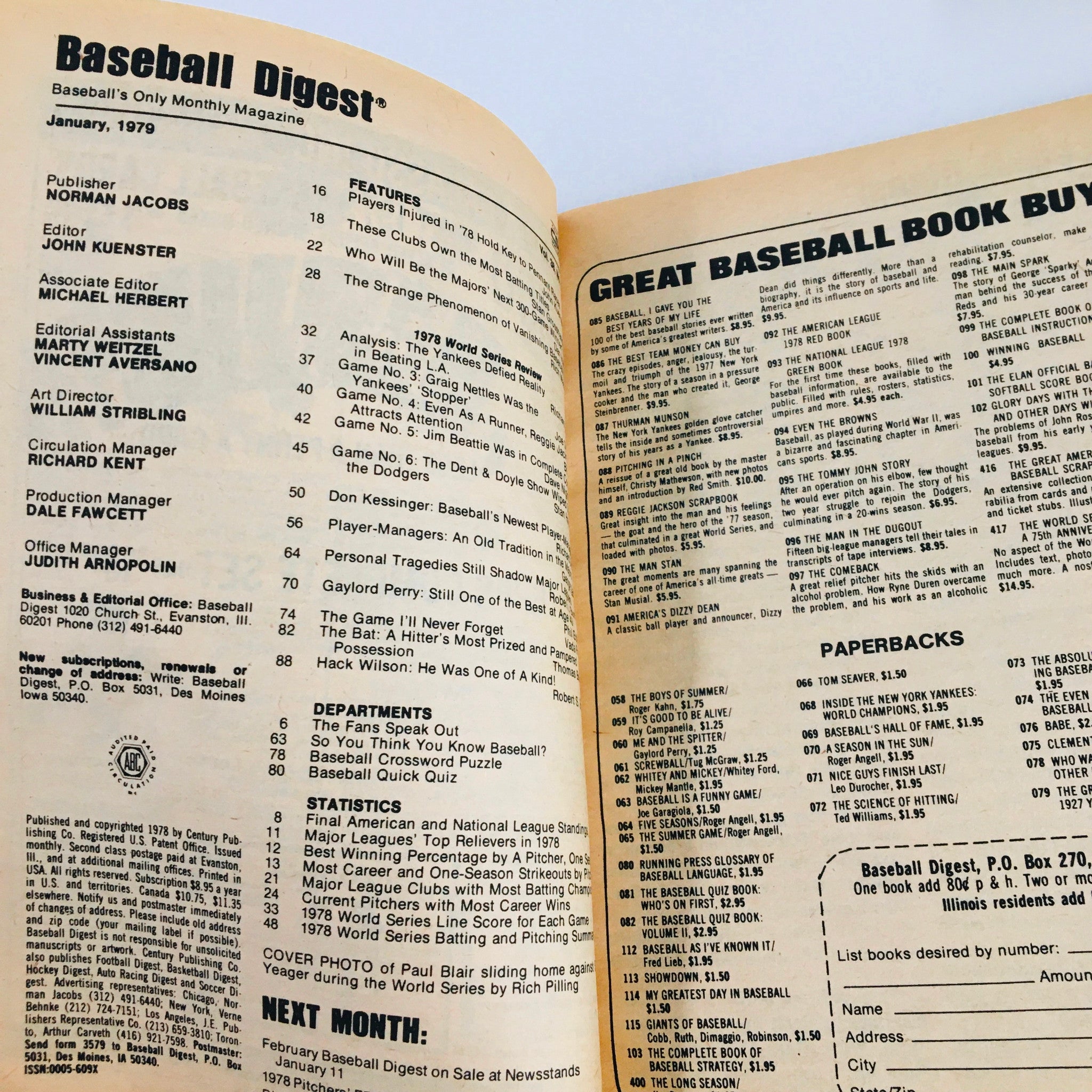 VTG Baseball Digest Magazine January 1979 Paul Blair, Yeager in the World Series