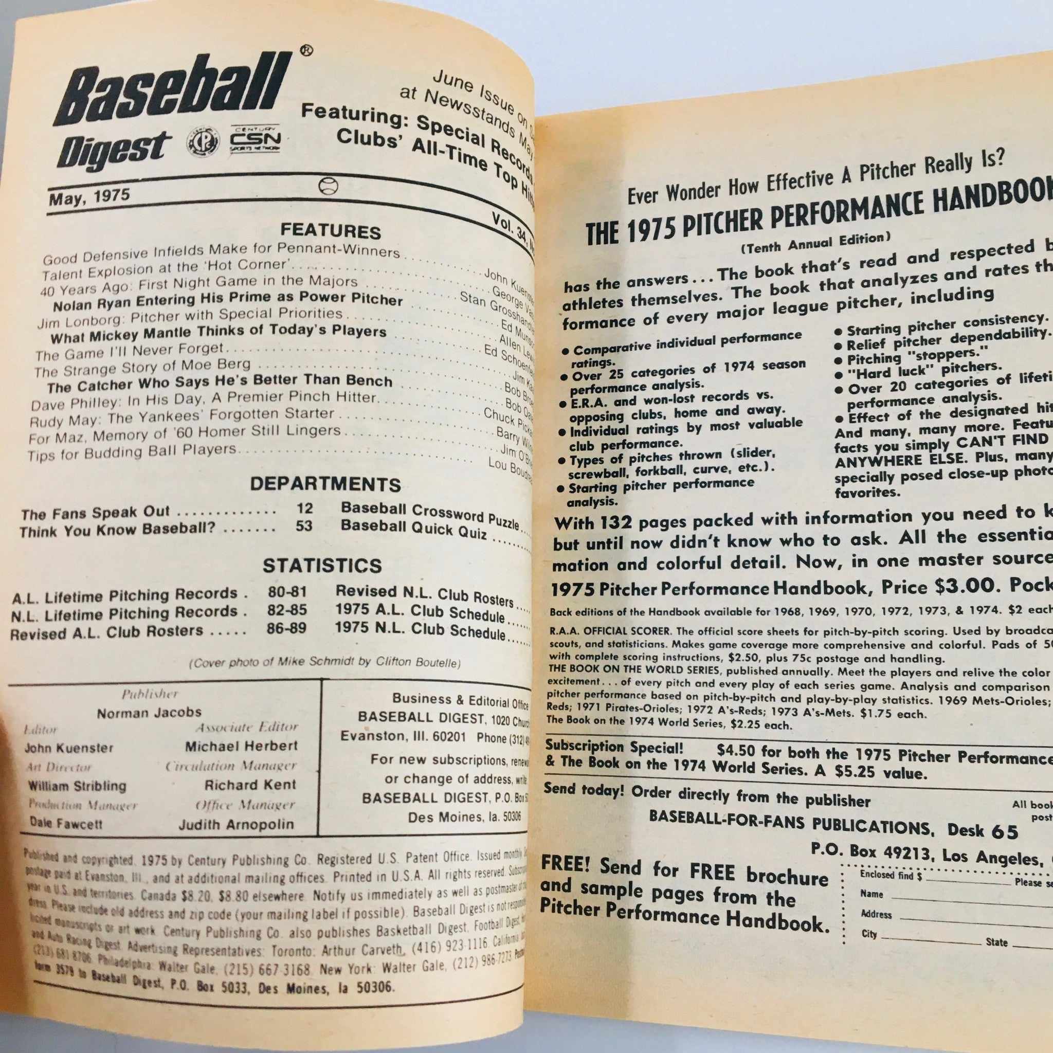 VTG Baseball Digest Magazine May 1975 The Phil's Mike Schmidt & Jim Kaat Feature