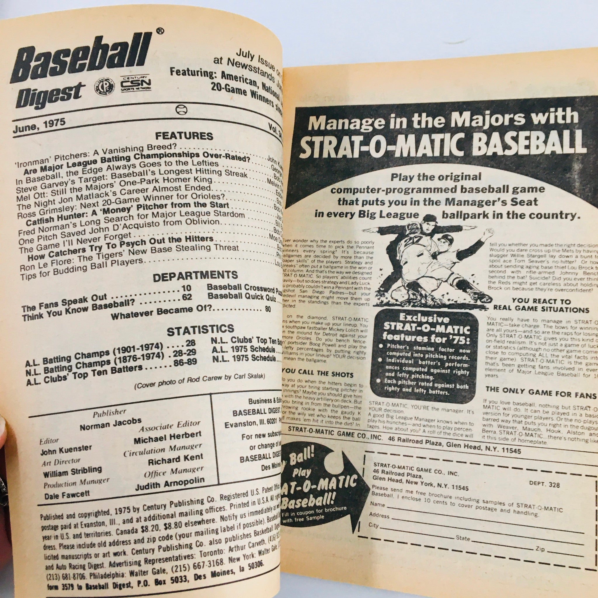 VTG Baseball Digest Magazine June 1975 Rod Carew Battling Titles Over-Rated