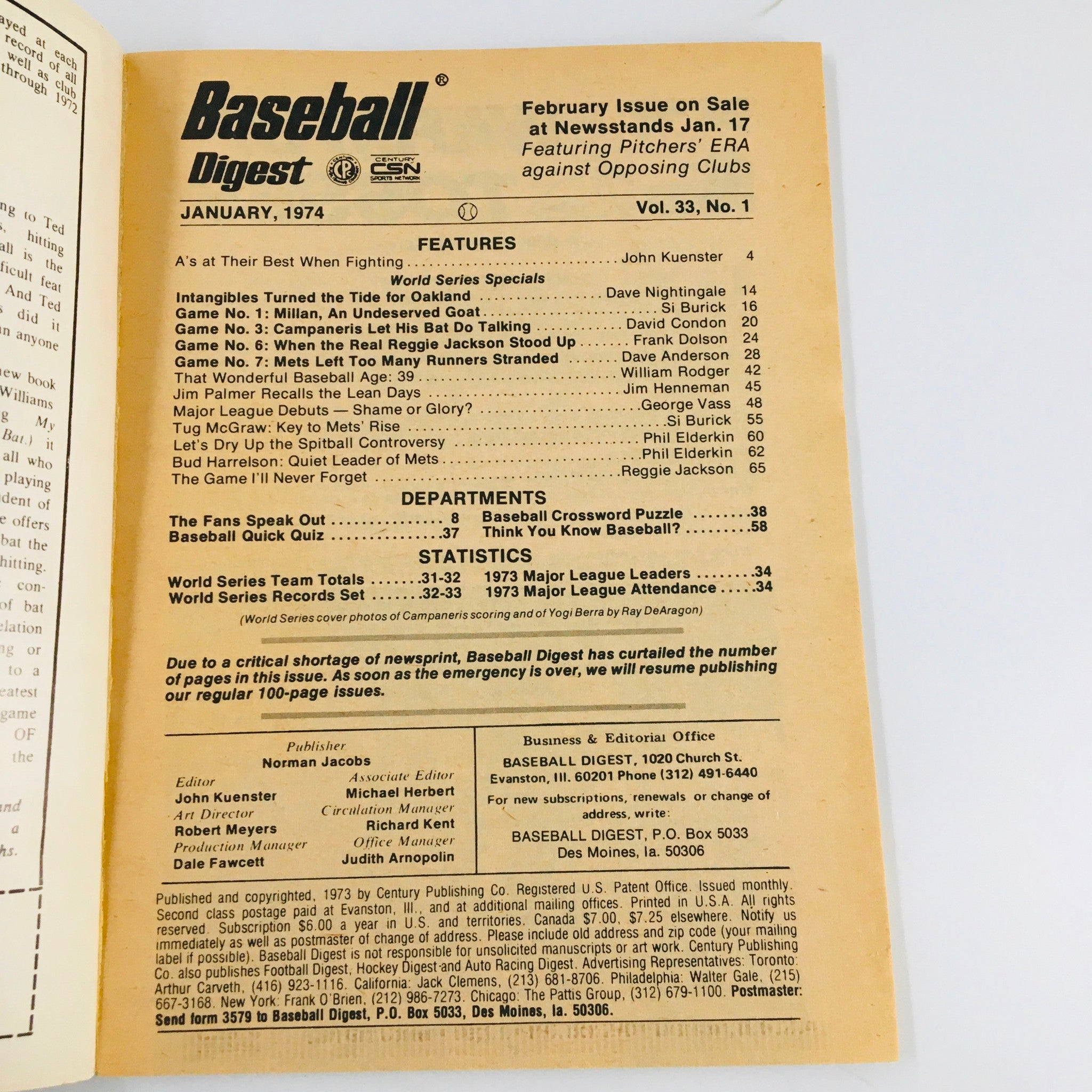 VTG Baseball Digest Magazine January 1974 Campaneris Scoring of Yogi Berra