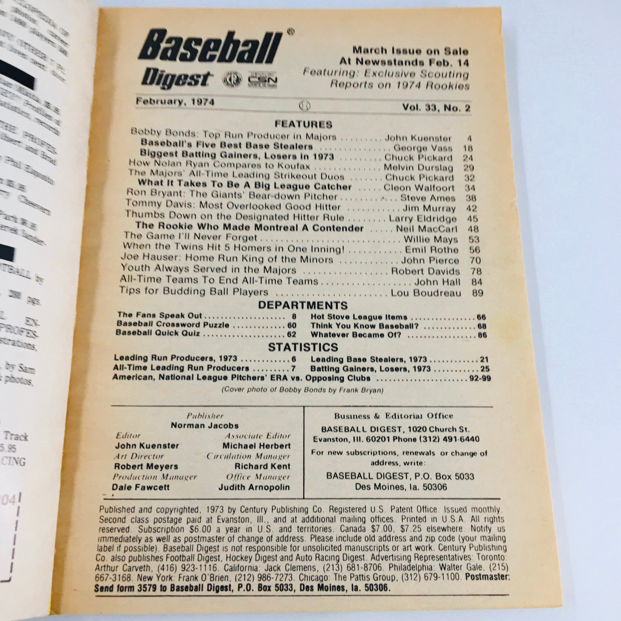 VTG Baseball Digest Magazine February 1974 Bobby Bonds & Willie May Feature