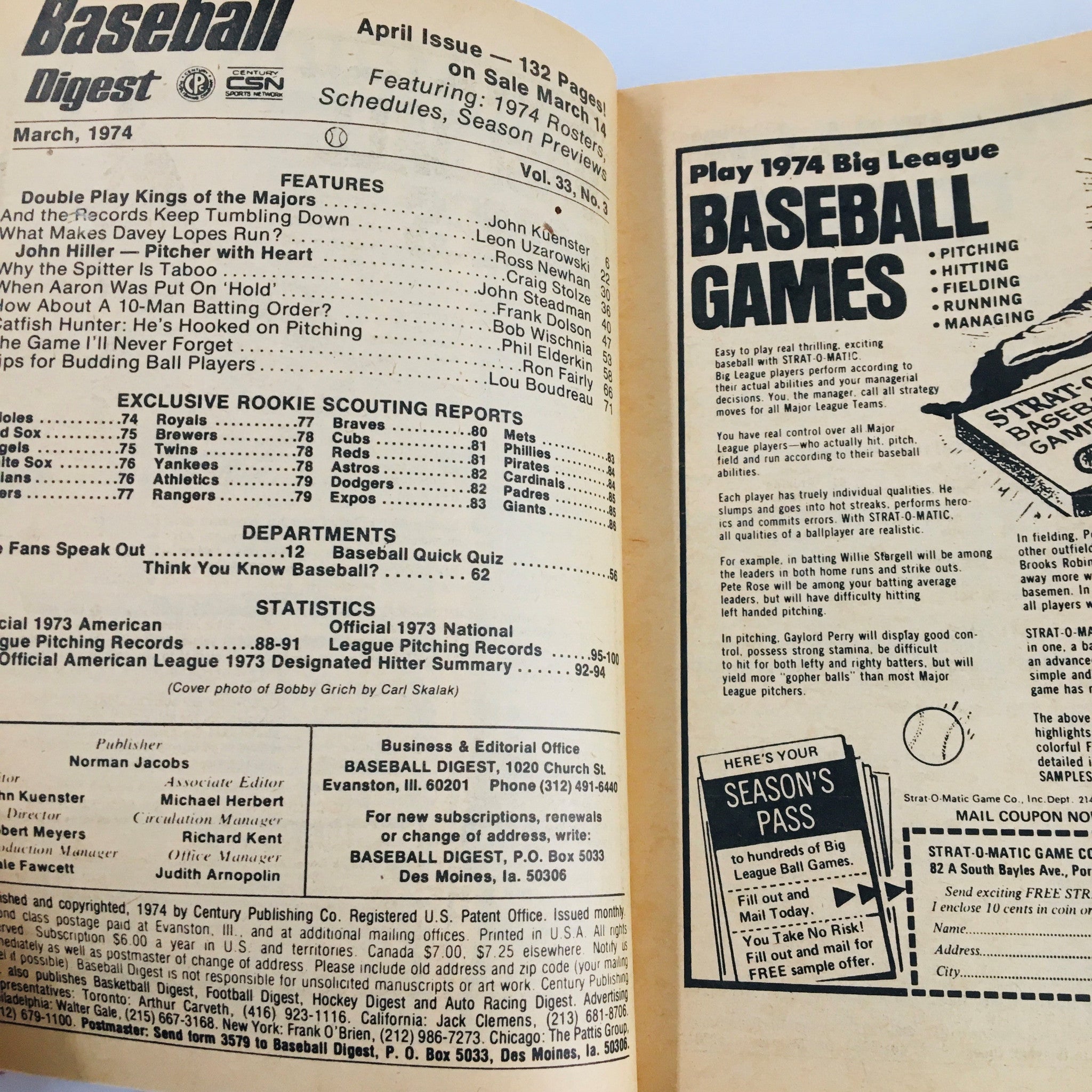 VTG Baseball Digest Magazine March 1974 Baltimore Orioles' Bobby Grich