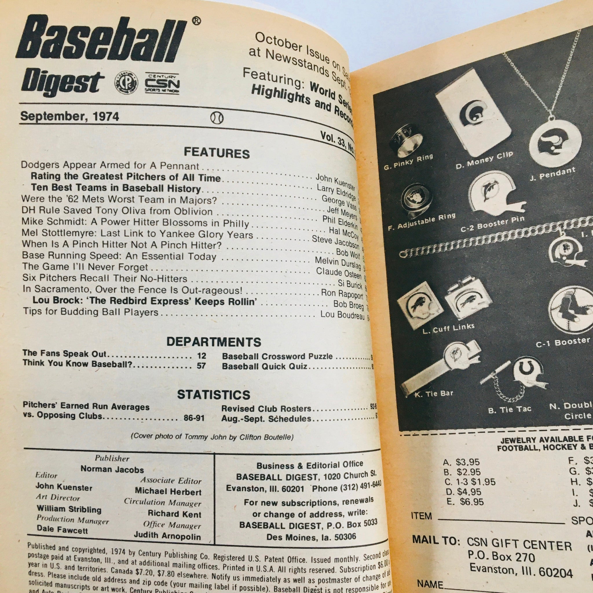 VTG Baseball Digest Magazine September 1974 Tommy John Dodgers Armed for Pennant