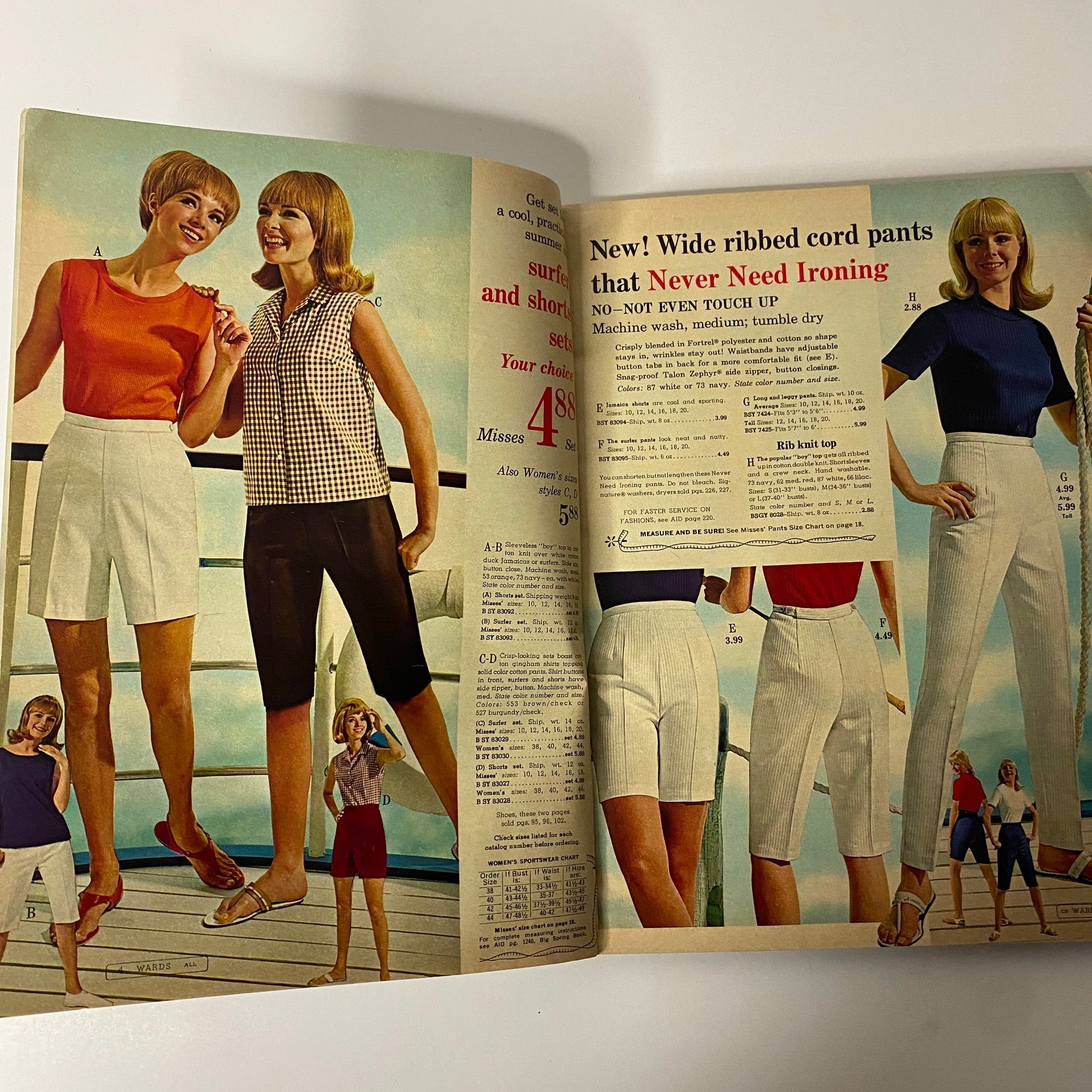 Inside view of the 1967 Montgomery Ward Summer Sale Catalog displaying various summer clothing options including wide ribbed cord pants and stylish tops. The page highlights fashion choices popular in the 1960s, emphasizing no-iron clothing.
