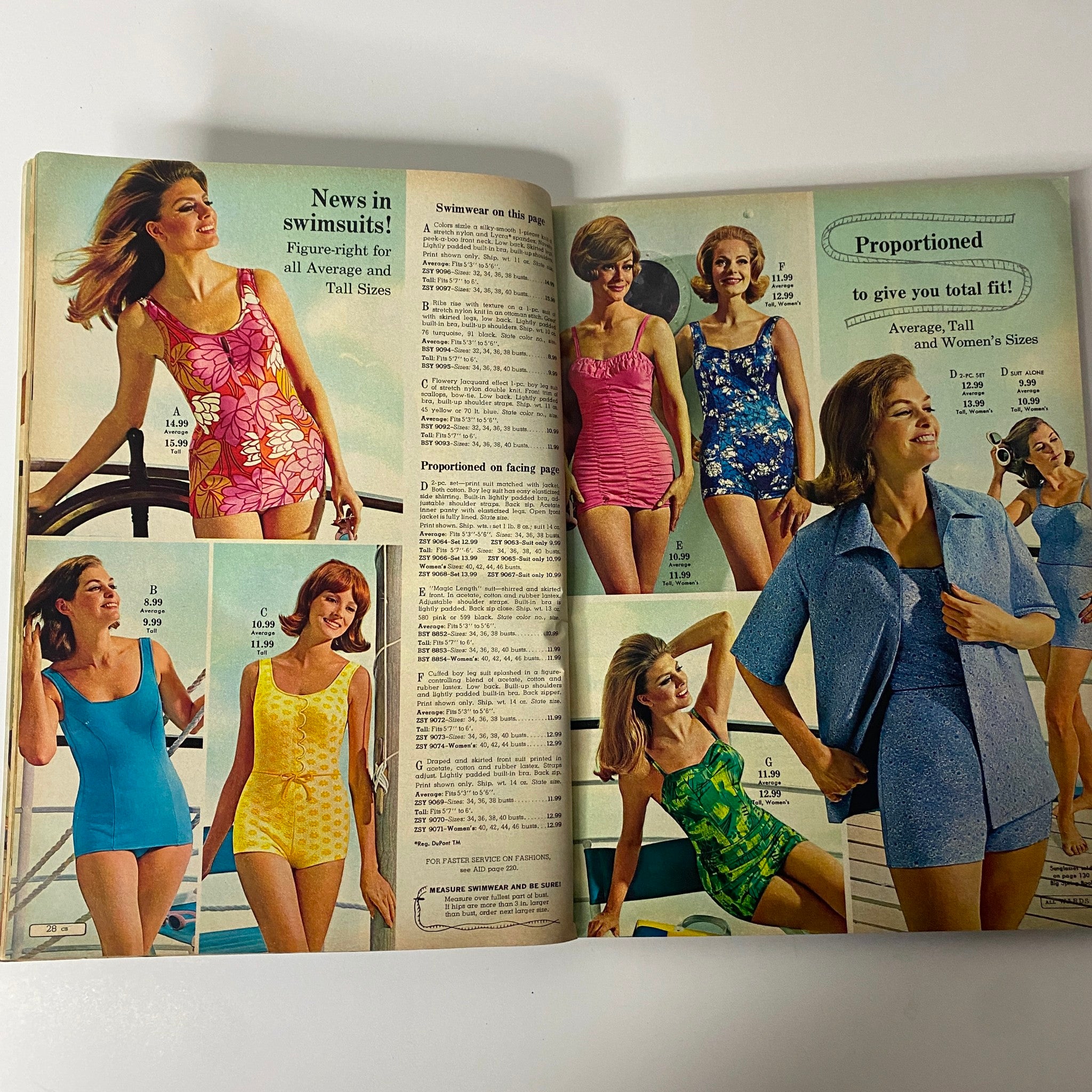 1967 Montgomery Ward Summer Sale Catalog featuring a vibrant display of women's swimsuits, showcasing styles for average and tall sizes. Bright colors and patterns reflect 1960s summer fashion trends.