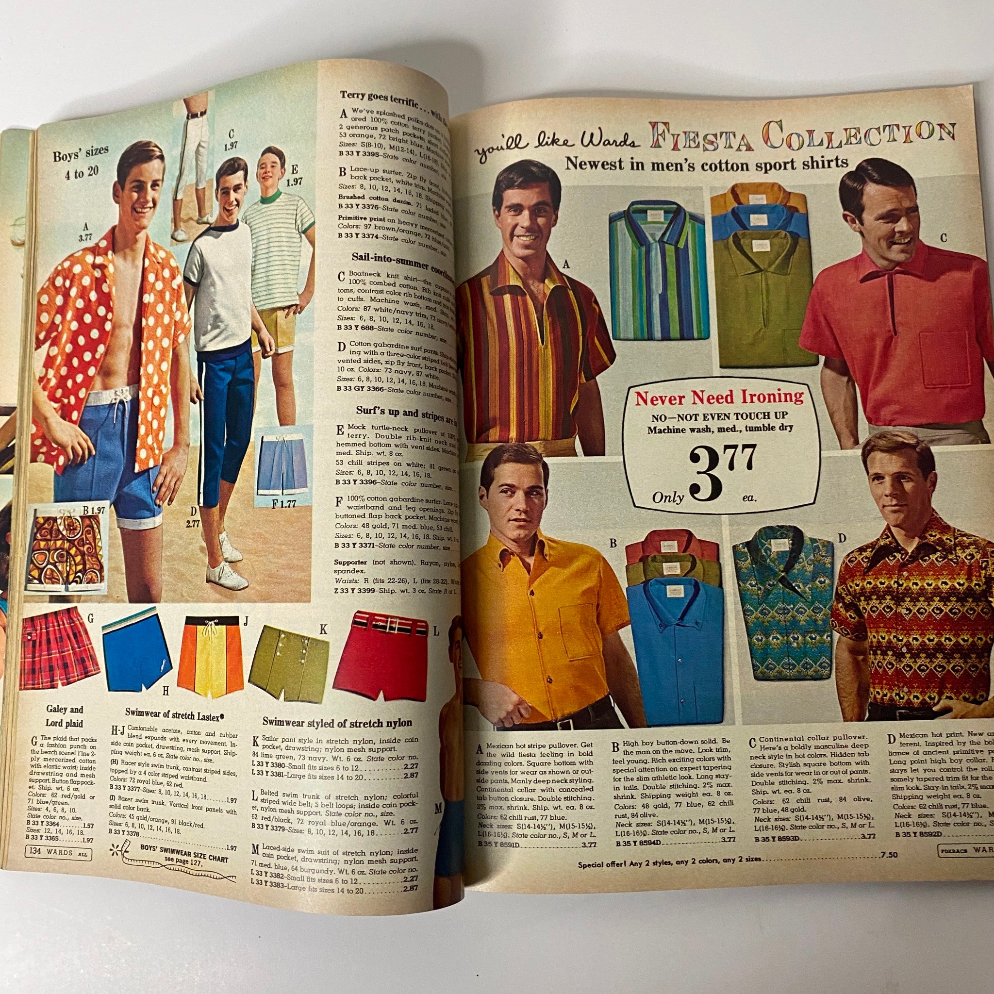 1967 Montgomery Ward Summer Sale Catalog displaying men's cotton sport shirts from the Fiesta Collection, featuring colorful patterns and styles ideal for summer wear in the 1960s.