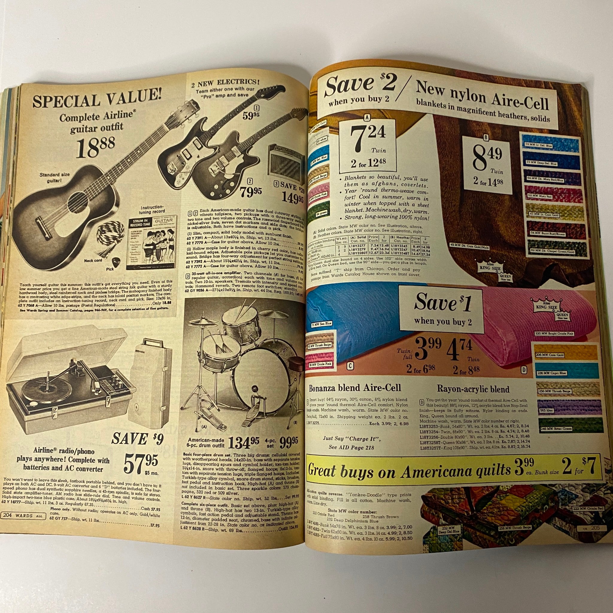 1967 Montgomery Ward Summer Sale Catalog page displaying a variety of musical instruments and items for home use, showcasing promotions on guitars, radio/phonograph players, and blankets.