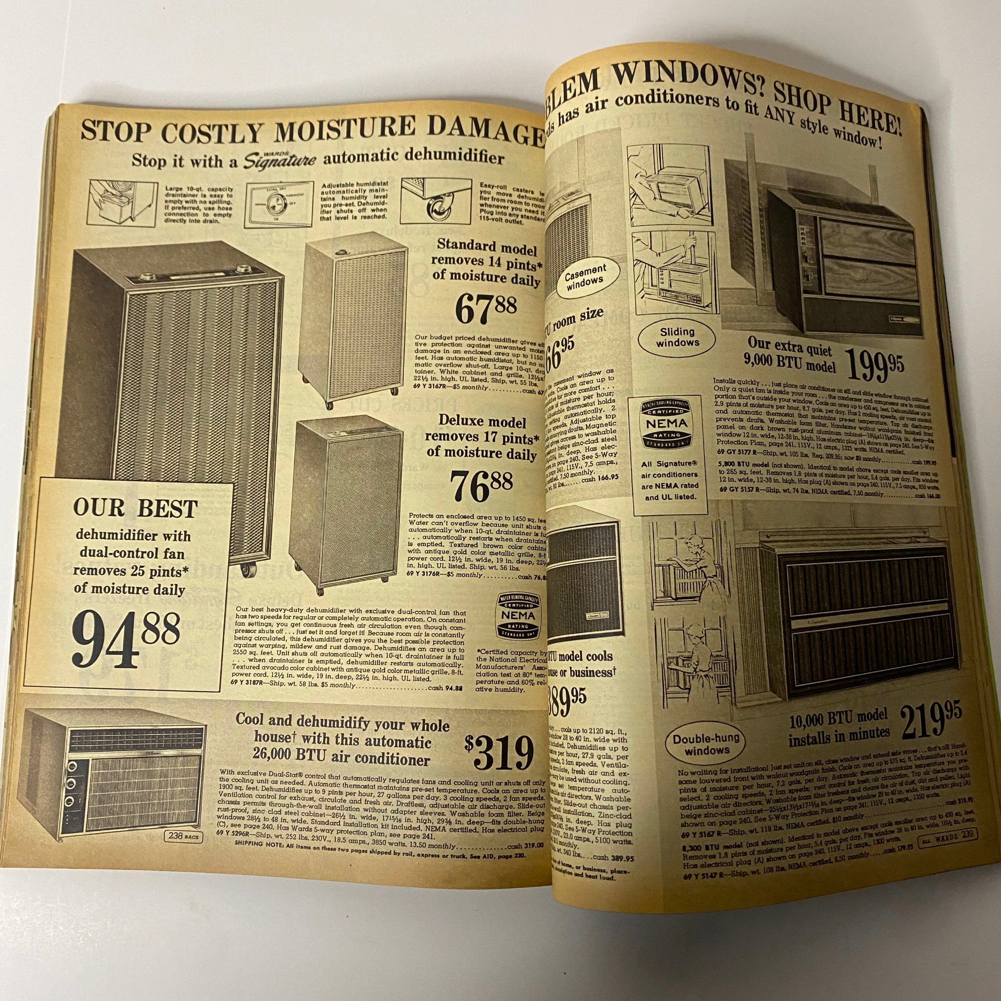 Interior page of the 1967 Montgomery Ward Summer Sale Catalog showcasing dehumidifiers and air conditioners with prices and product descriptions.