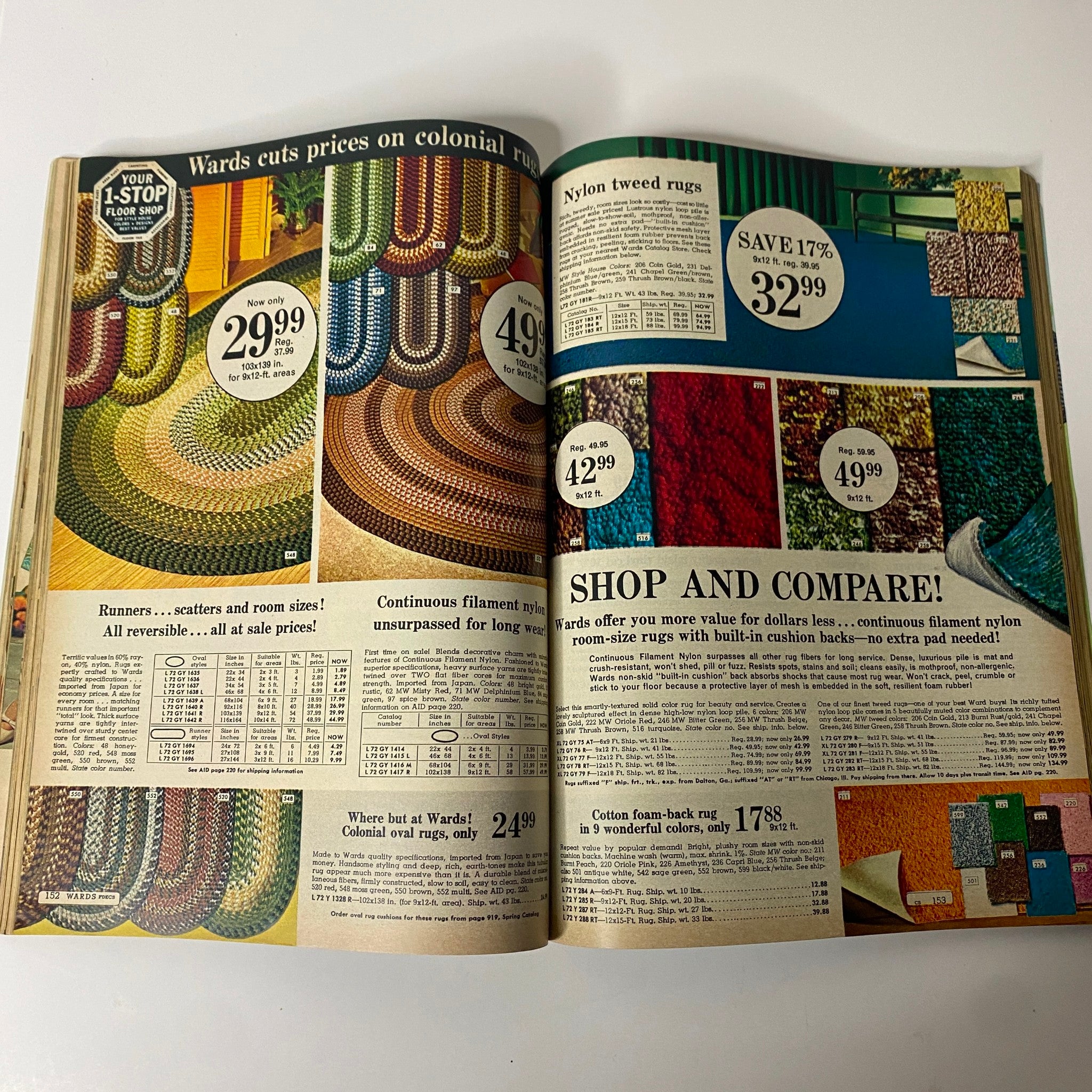 Interior page of the 1967 Montgomery Ward Summer Sale Catalog featuring colonial rugs with pricing details and offers.