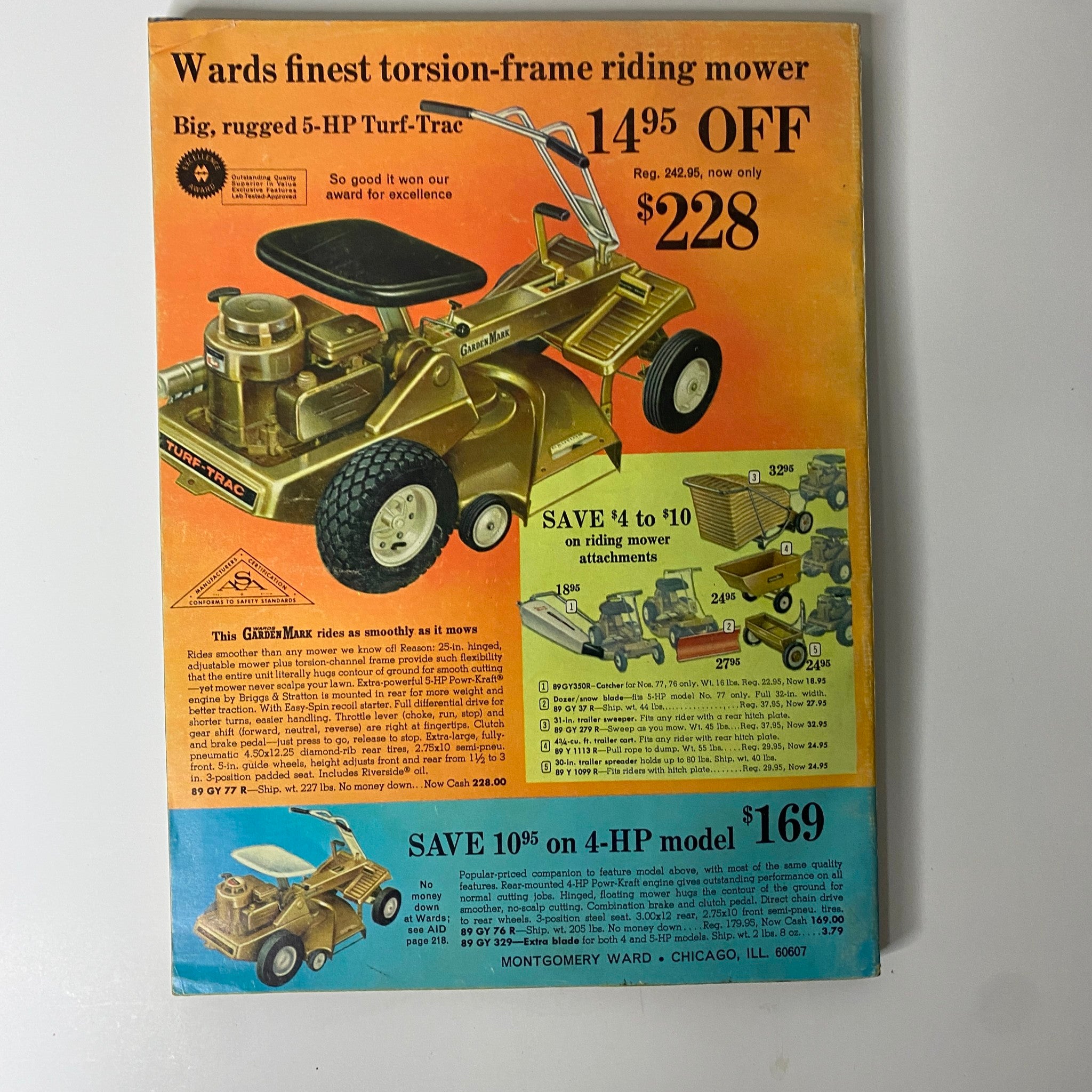 Back cover of the 1967 Montgomery Ward Summer Sale Catalog presenting a riding lawn mower with promotional pricing and product specifications.