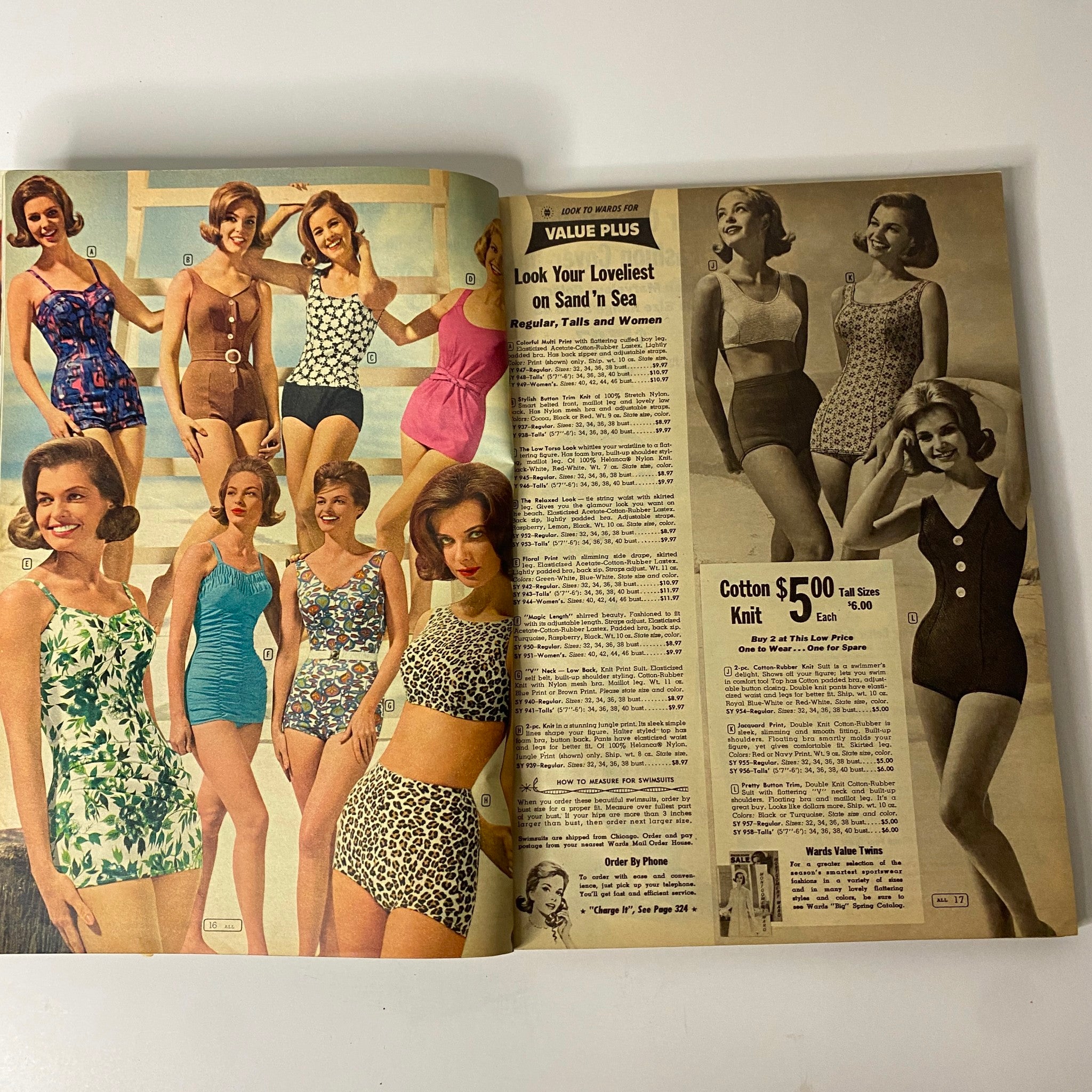 Interior page of the 1963 Montgomery Ward Summer Catalog displaying various swimsuits with models showcasing summer styles for women.