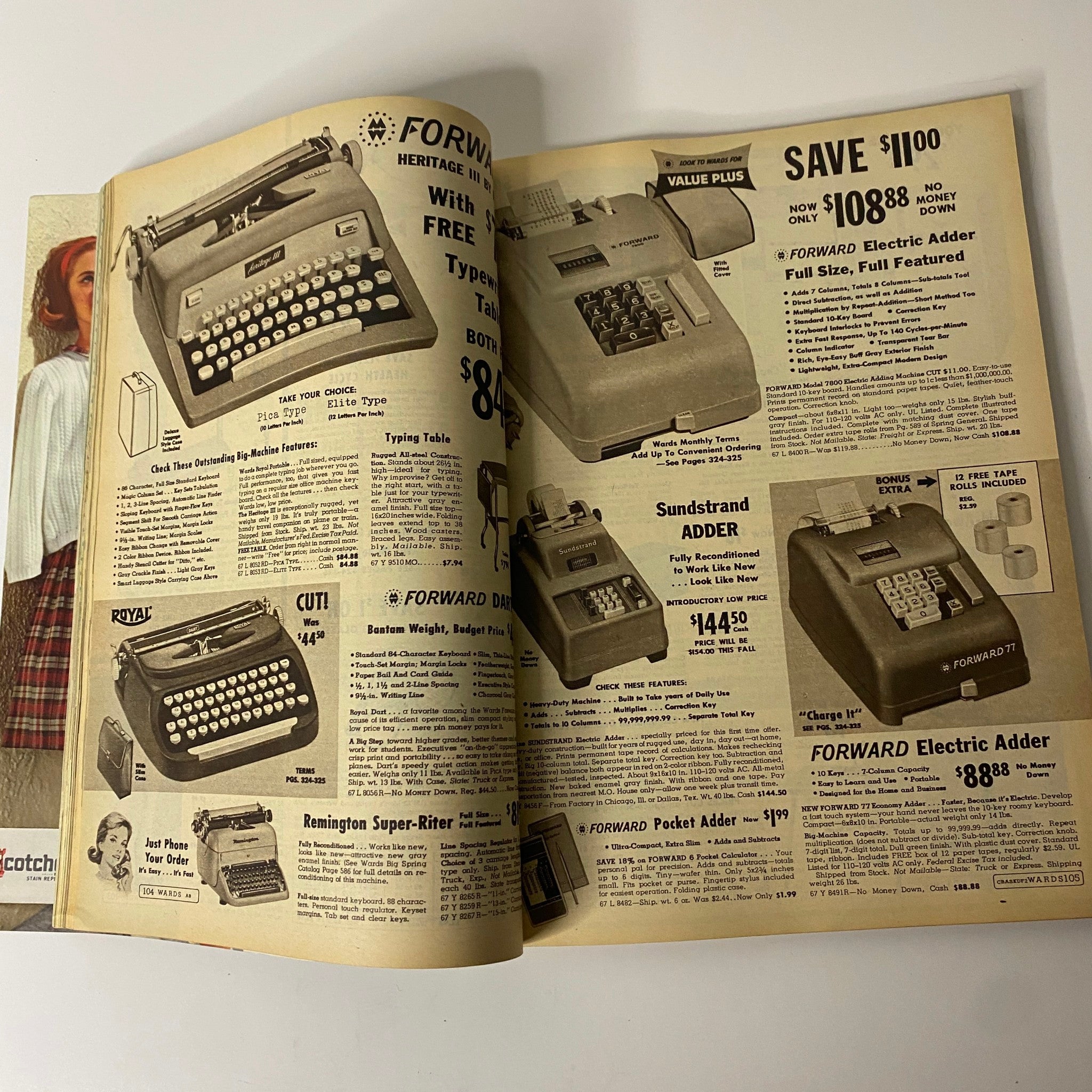 Interior page of the 1963 Montgomery Ward Summer Catalog featuring advertisements for typewriters and calculators with pricing details.