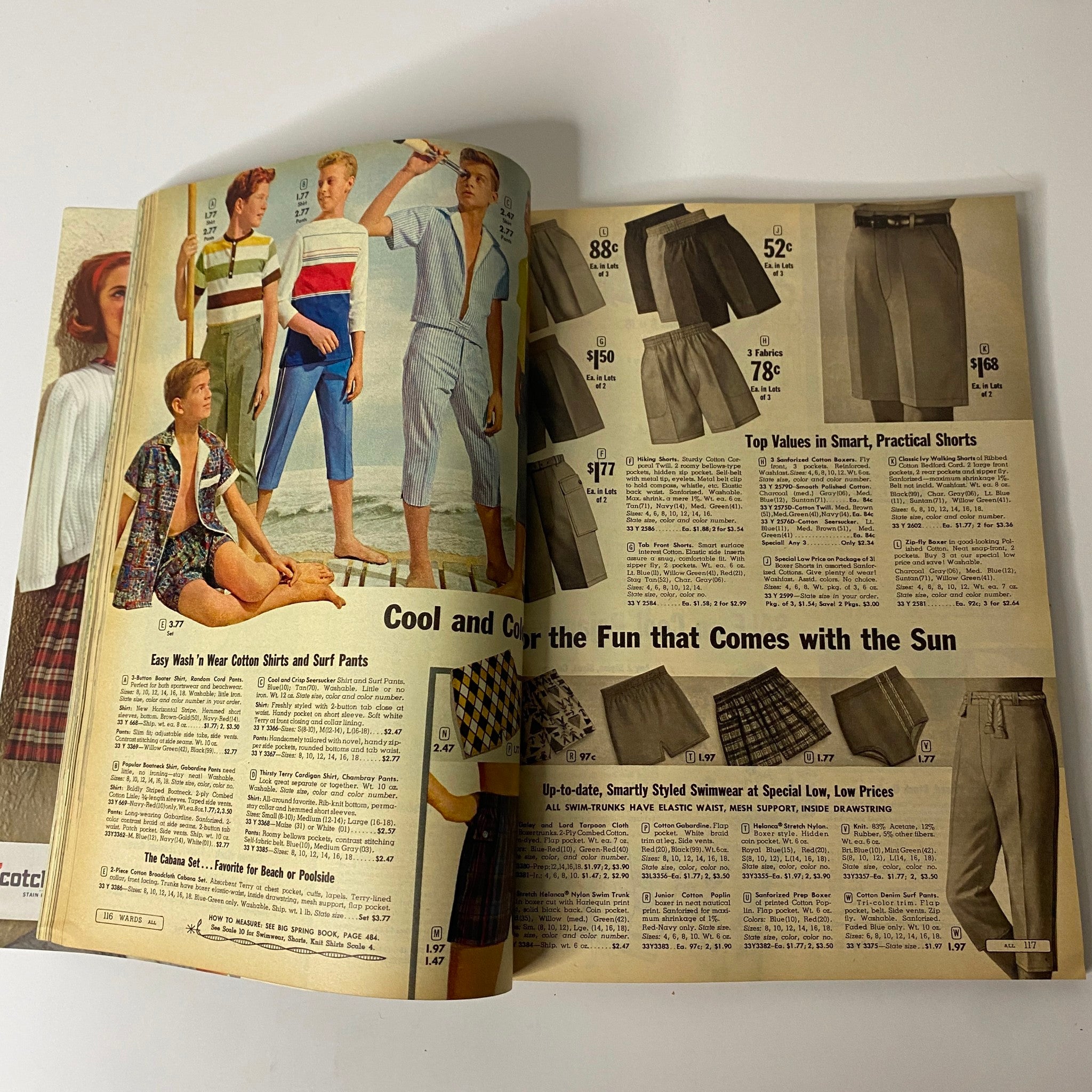 1963 Montgomery Ward Summer Catalog showcasing kids fashion including cotton shirts, surf pants, and shorts, highlighting summer styles from the early 1960s.