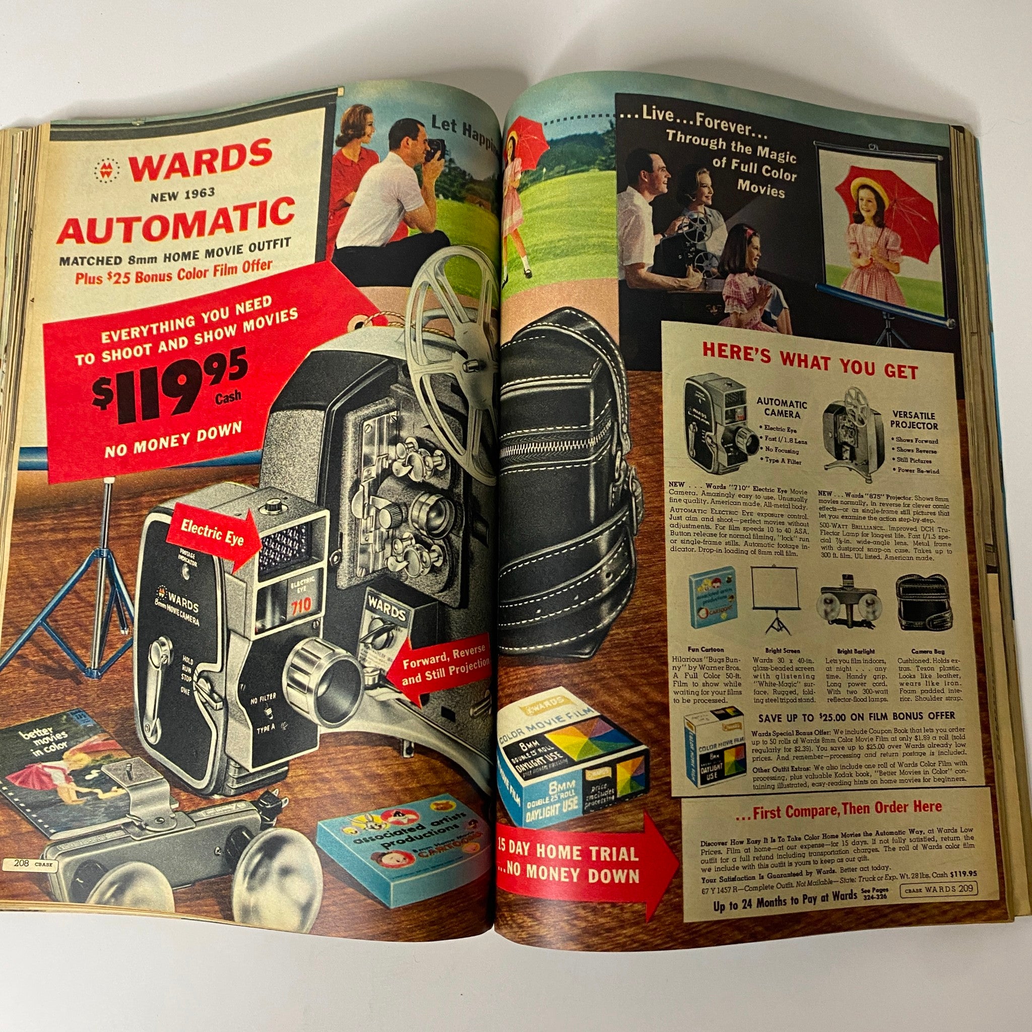 1963 Montgomery Ward Summer Catalog advertisement for an automatic home movie outfit, featuring a vintage camera and accessories, illustrating family entertainment products from the era.