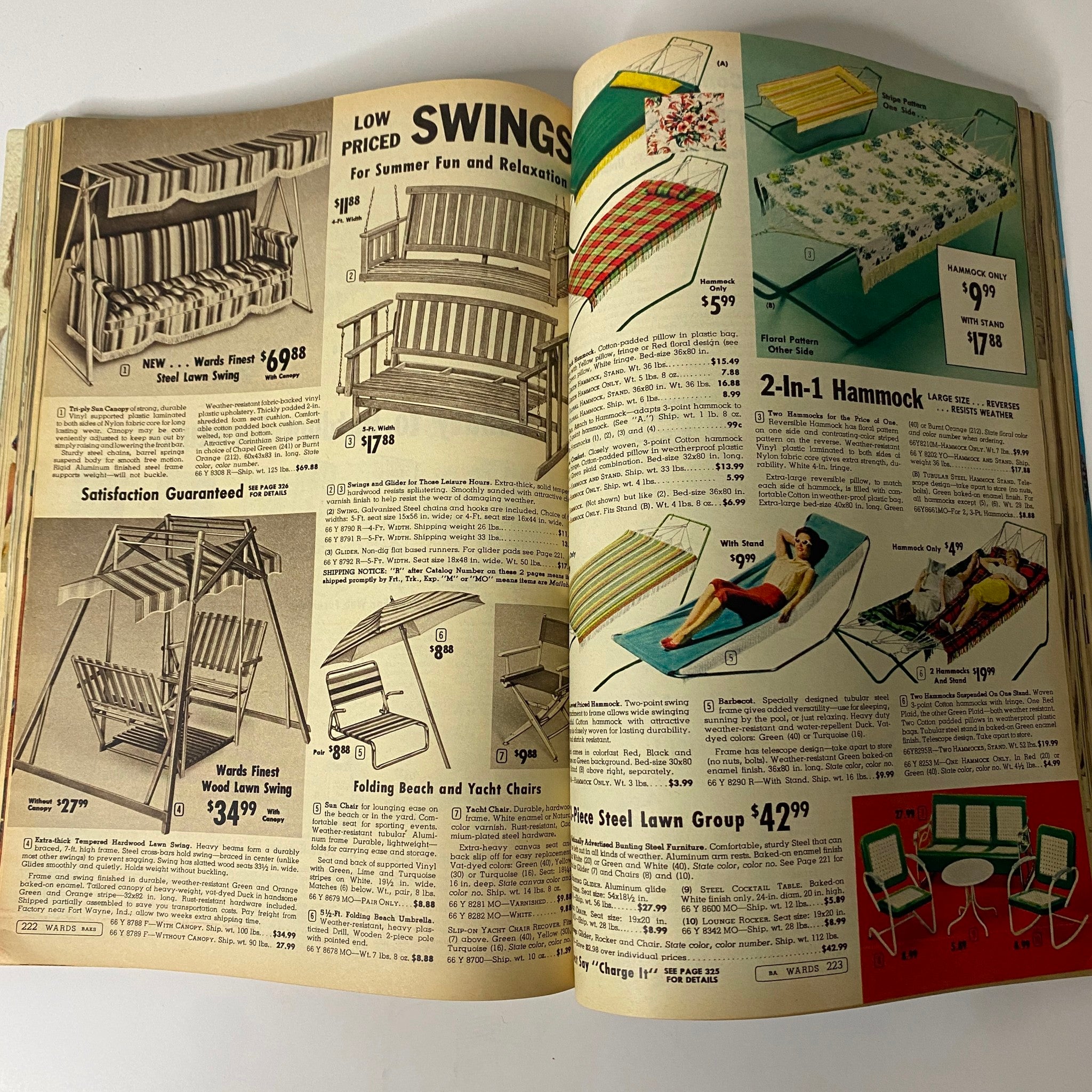 1963 Montgomery Ward Summer Catalog page displaying low-priced swings and outdoor furniture for summer relaxation, showcasing the casual living trend of the early 1960s.