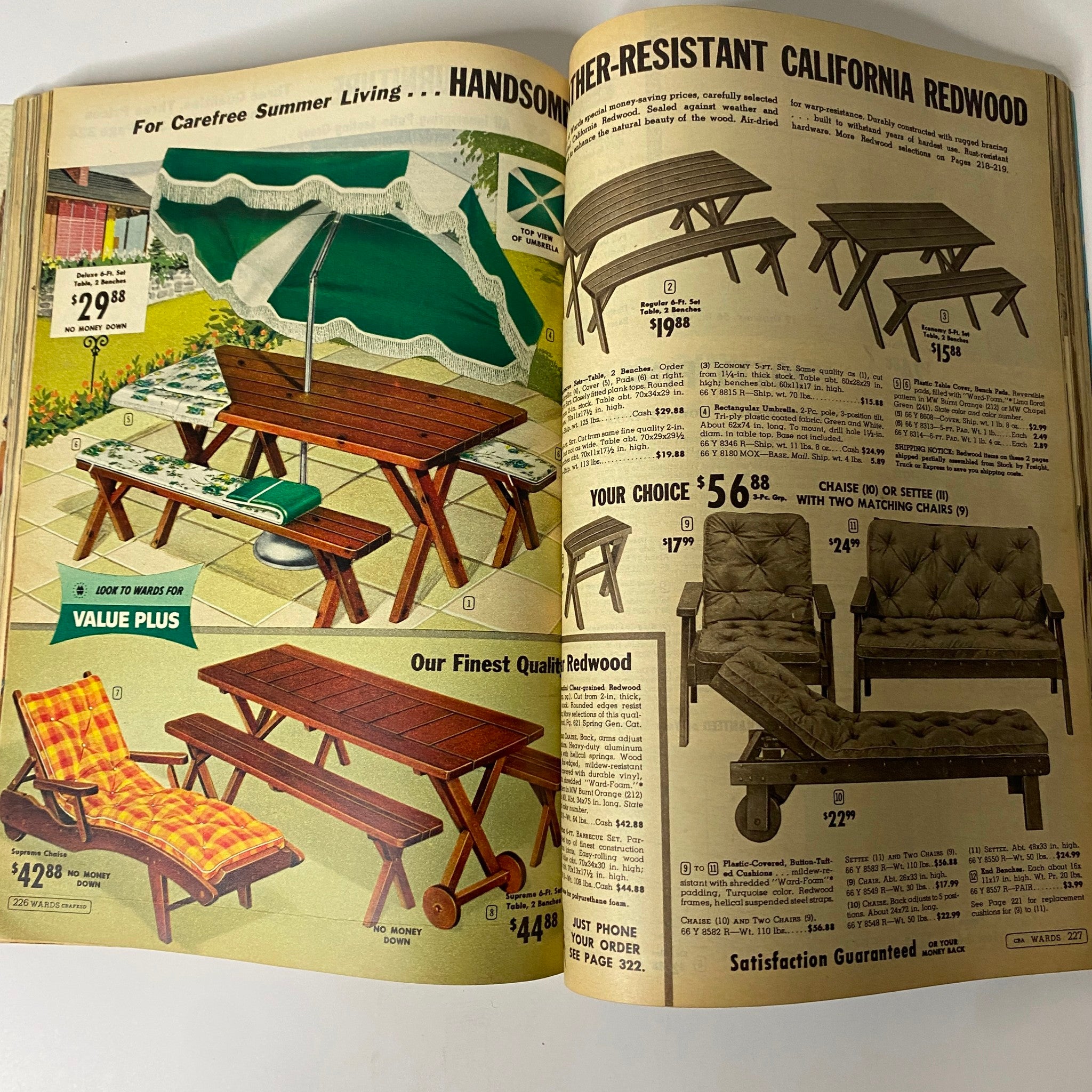 1963 Montgomery Ward Summer Catalog featuring summer-resistant California redwood outdoor furniture, emphasizing stylish designs for summer living in the 1960s.