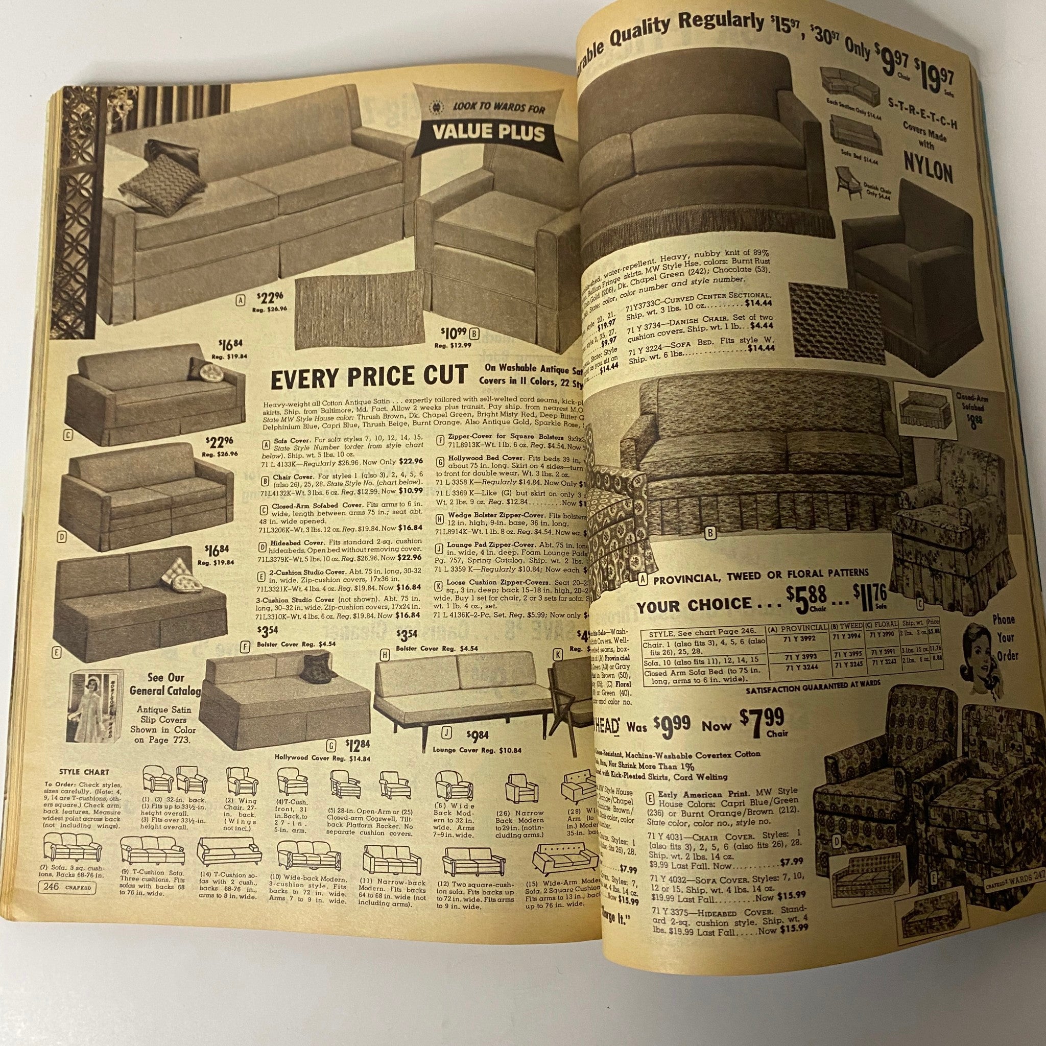 1963 Montgomery Ward Summer Catalog page with various styles of sofas and furniture, presenting price cuts and popular designs from the 1960s.