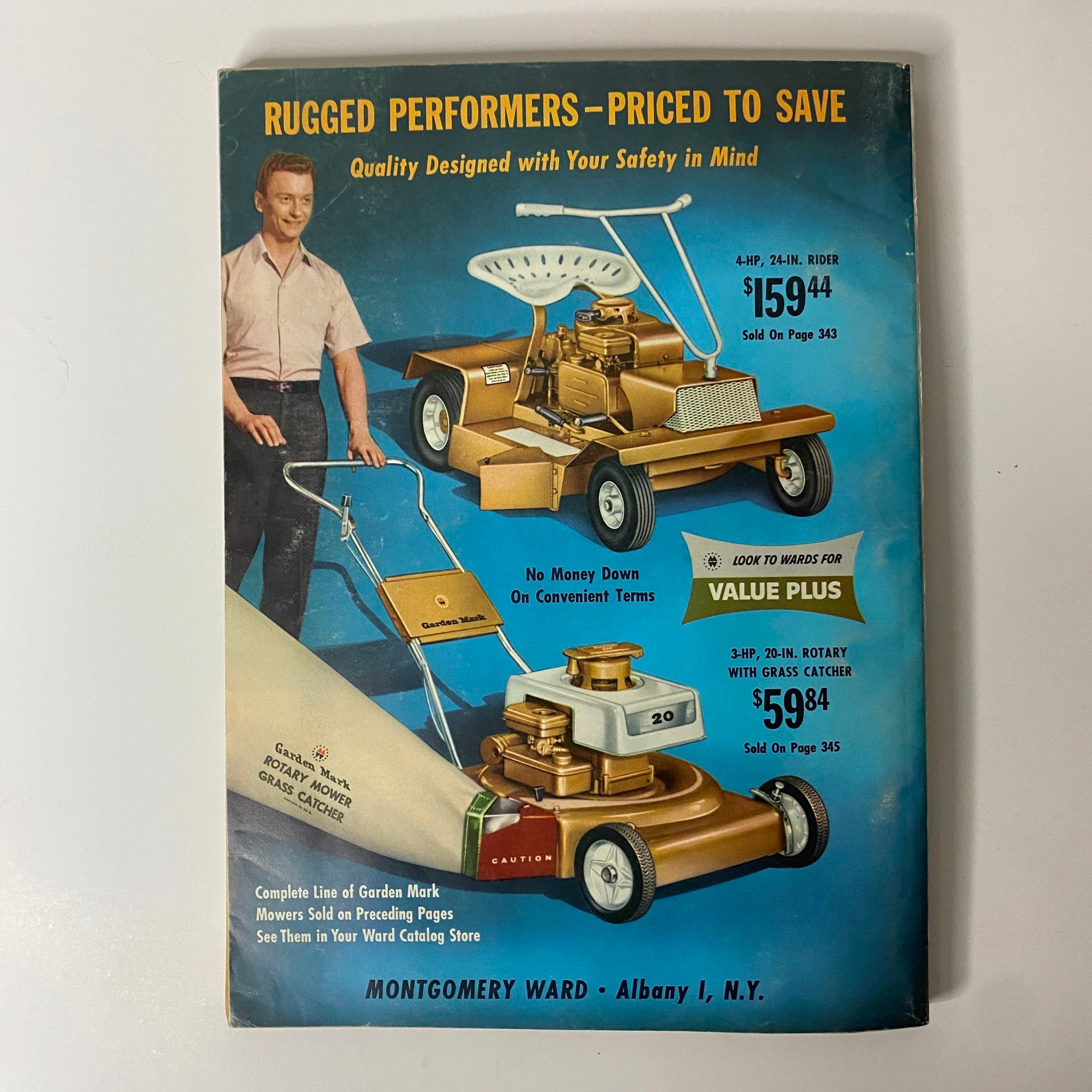 Cover of the 1963 Montgomery Ward Summer Catalog featuring a smiling man with lawn equipment, showcasing garden mowers and emphasizing safety and affordability.