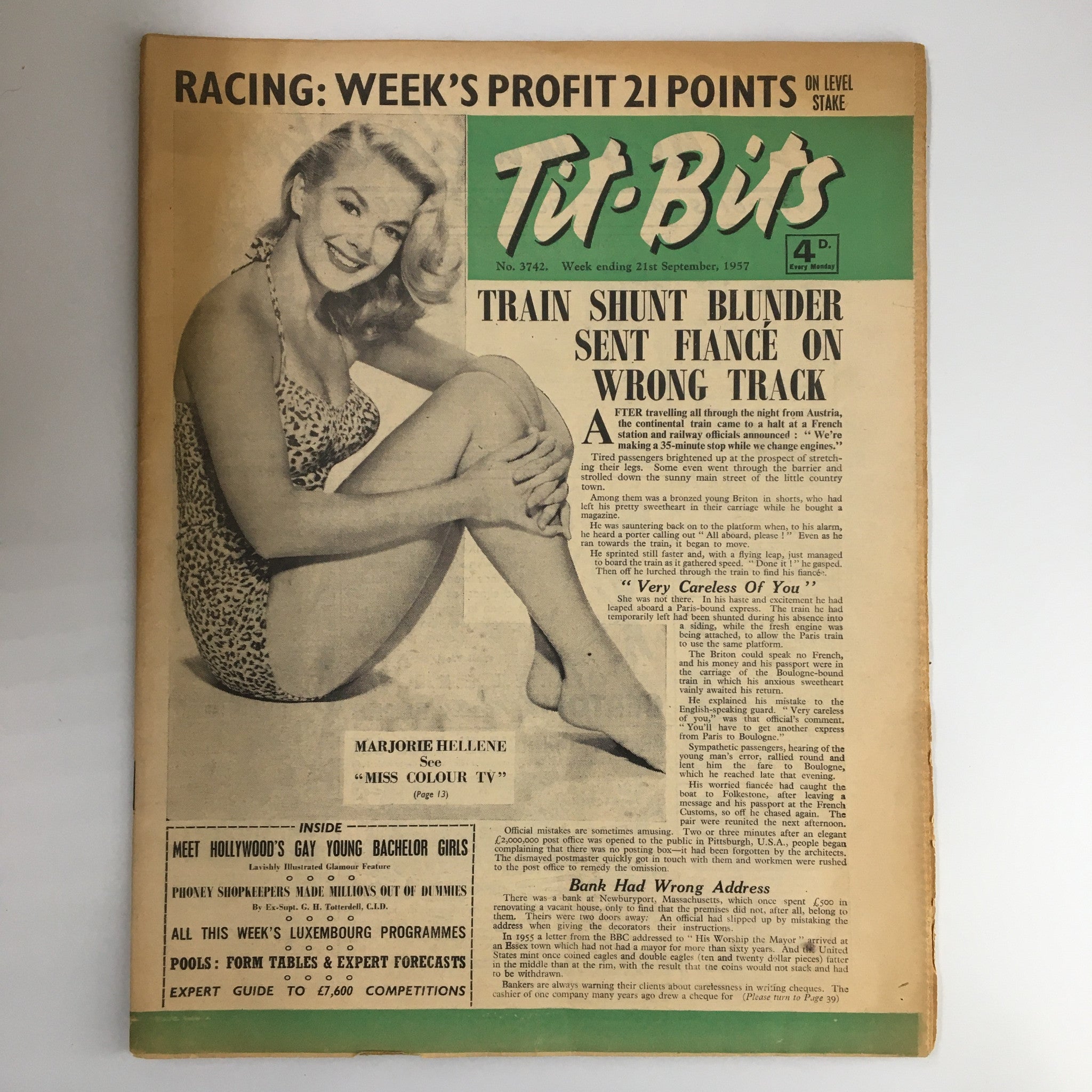 VTG Tit-Bits Magazine September 1957 Marjorie Hellene Miss Colour TV No Label