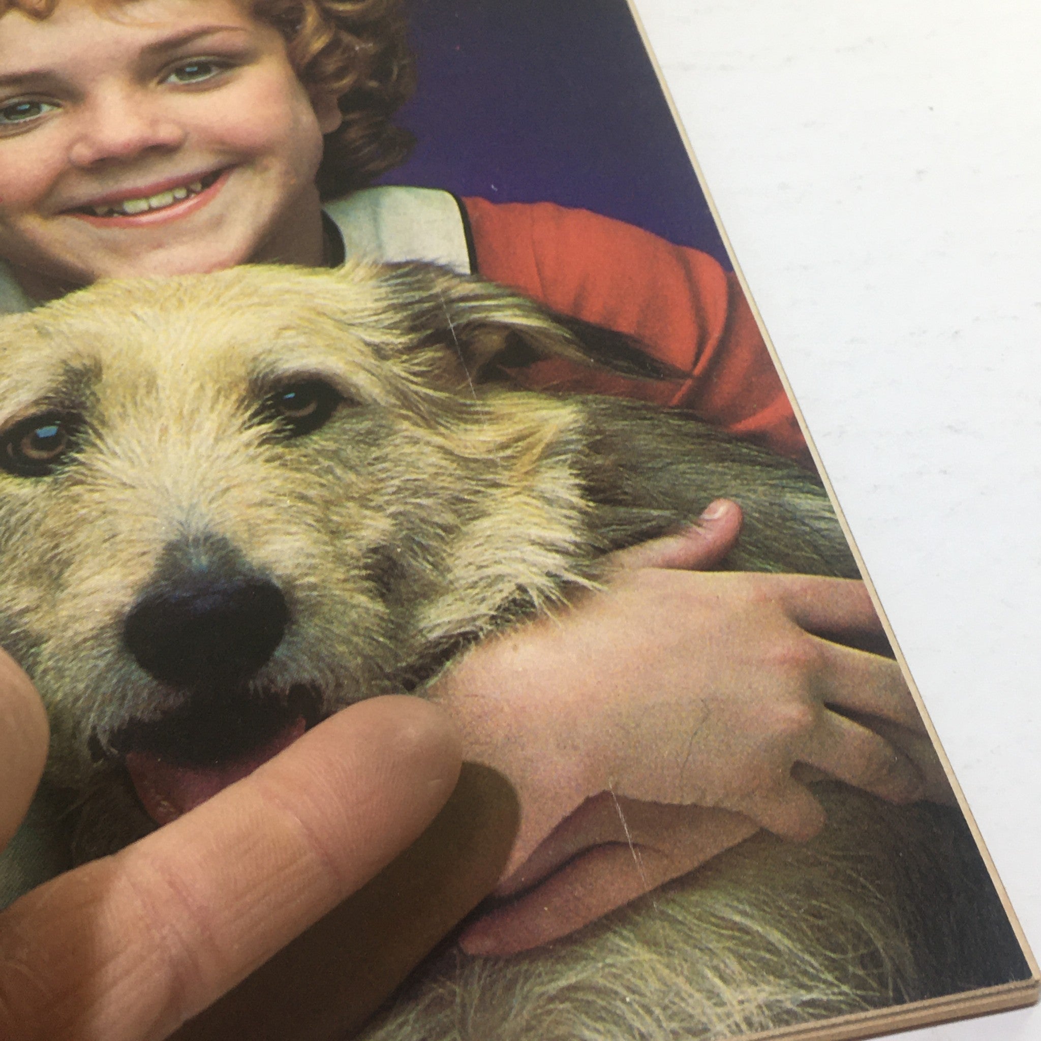 Close-up detail of the Cue Magazine: August 5 1977 cover showcasing a young girl with curly hair hugging a dog, emphasizing the friendly bond between them.