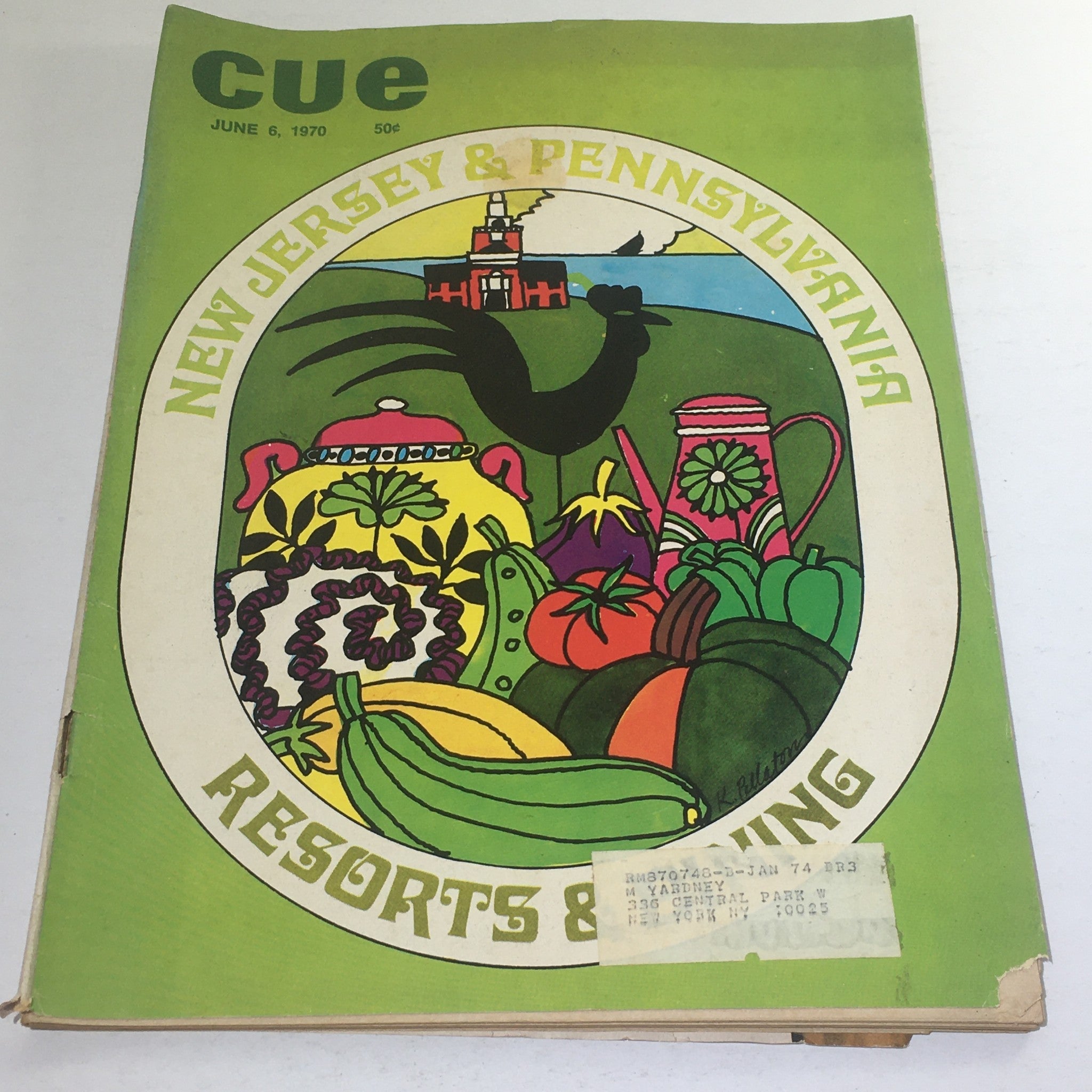 Cue Magazine cover from June 6, 1970, featuring vibrant artwork representing New Jersey and Pennsylvania's resorts and dining, highlighting a rooster and colorful vegetables.
