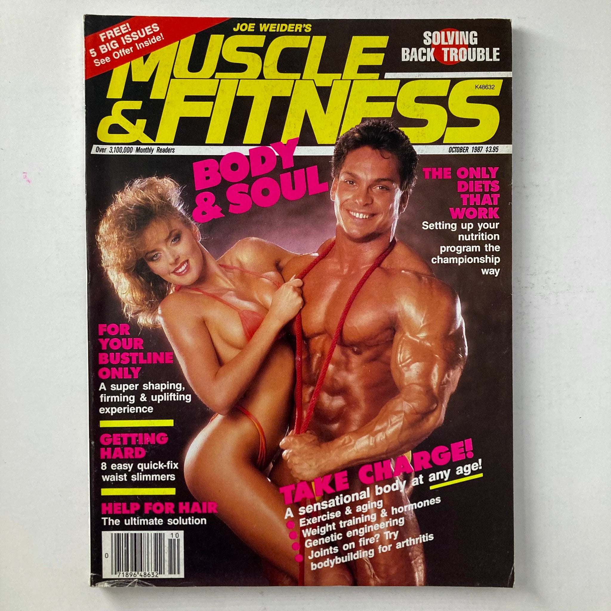 Cover of Joe Weider's Muscle & Fitness Magazine from October 1987 featuring bodybuilders Rich Gaspari and Leslee Bremmer. The magazine highlights fitness trends and bodybuilding culture of the late 1980s.