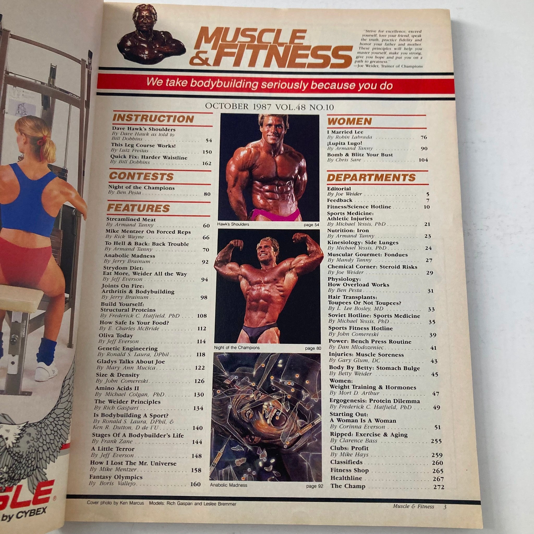 Table of contents from Joe Weider's Muscle & Fitness Magazine October 1987, featuring articles on bodybuilding, training techniques, and nutrition.
