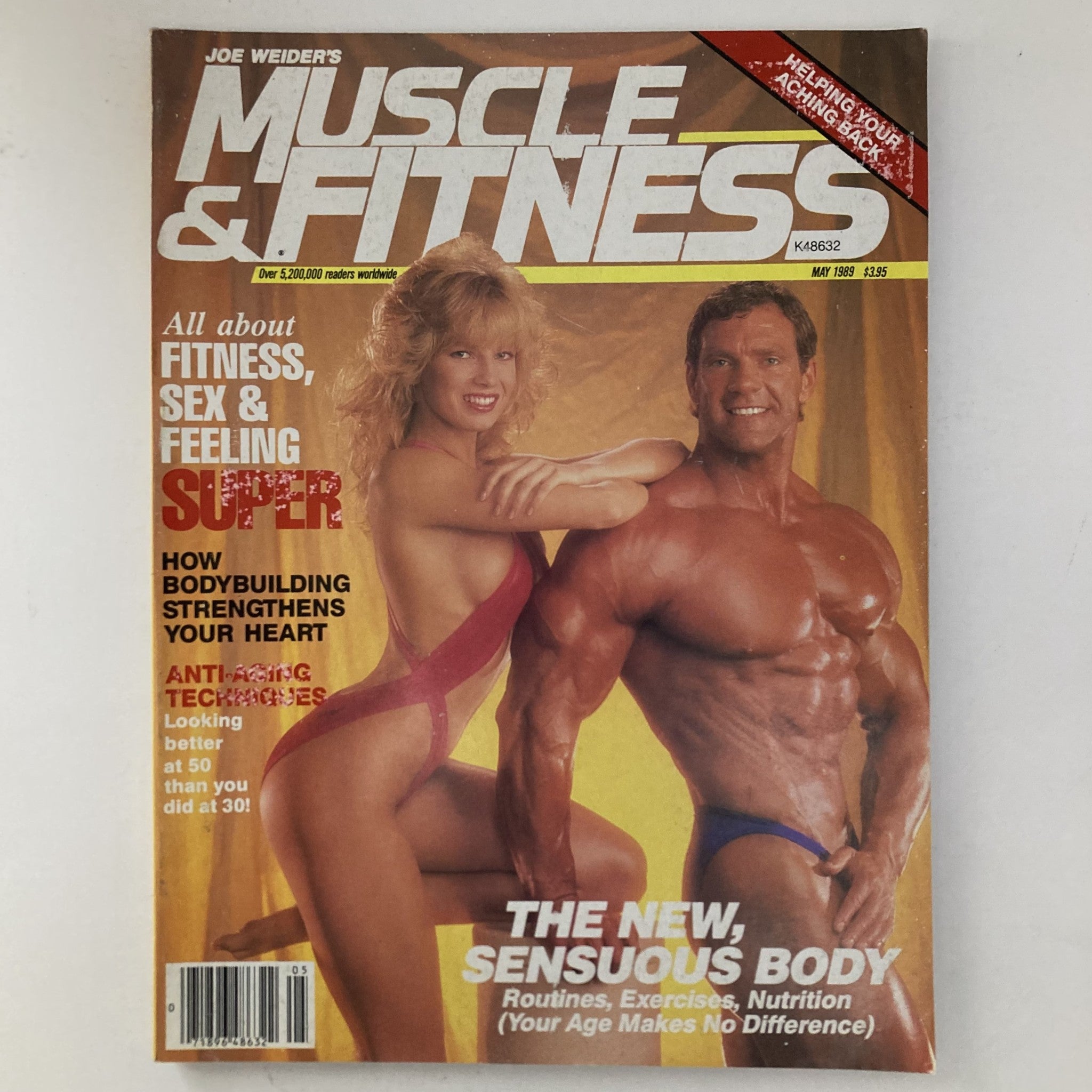 Cover of Joe Weider's Muscle & Fitness Magazine, May 1989, featuring a muscular male model and a female model in swimsuits. The magazine highlights fitness, sex, and bodybuilding techniques, capturing the 1980s fitness culture.