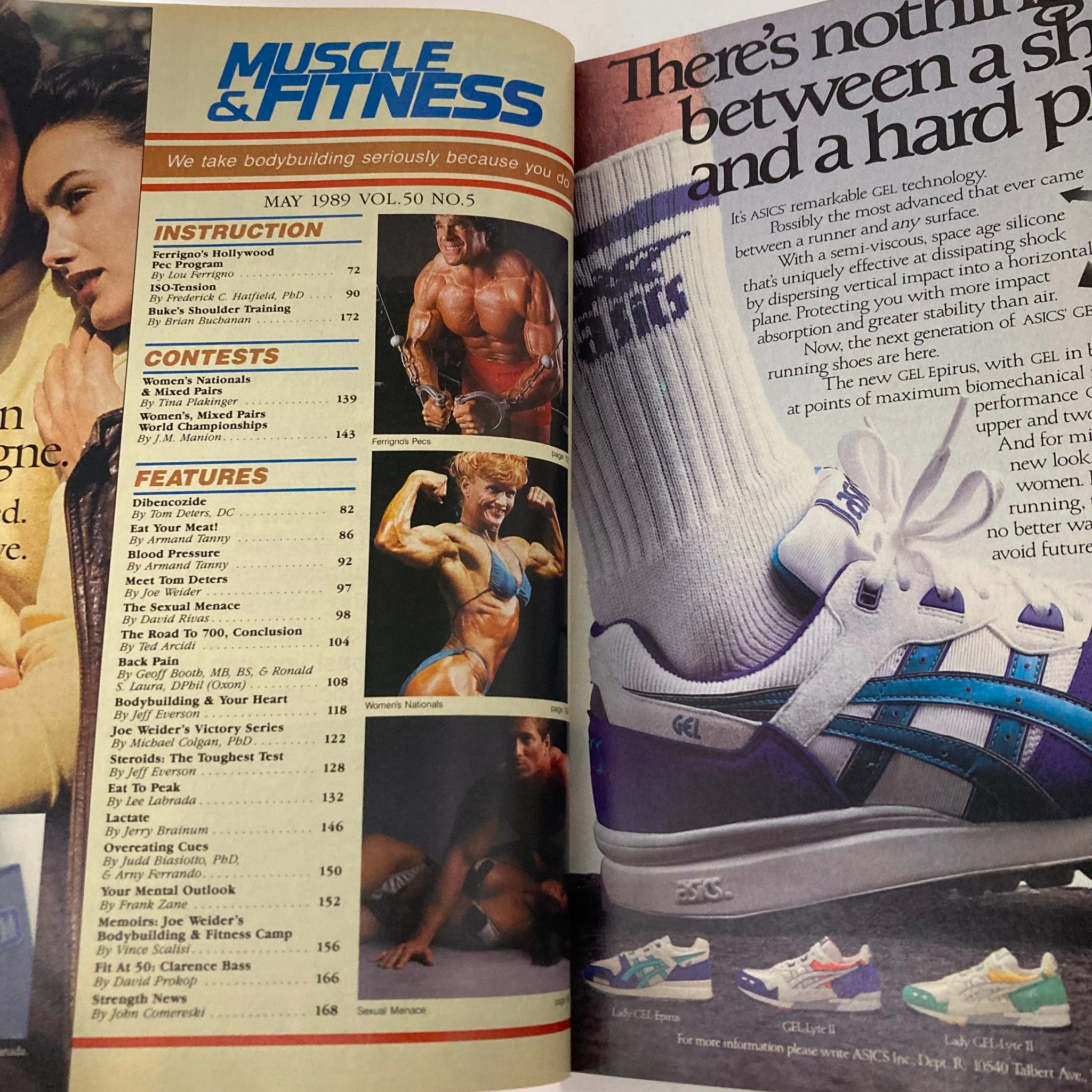 May 1989 issue of Joe Weider's Muscle & Fitness Magazine featuring a contents page with articles on bodybuilding, fitness training, and notable photos of competitors in the Women's Nationals.