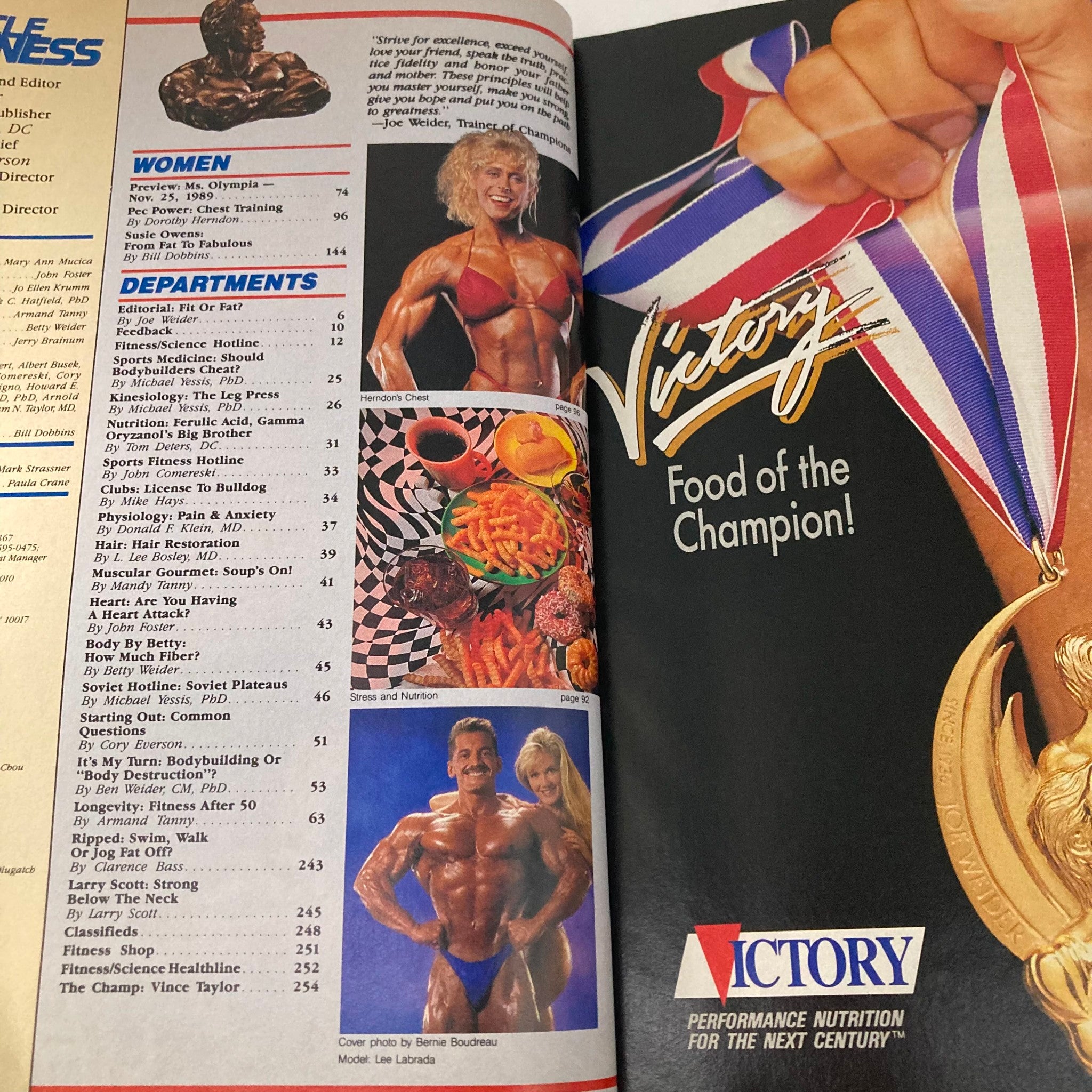 Inside spread of Joe Weider's Muscle & Fitness Magazine from November 1989, featuring an editorial layout that includes articles on women in bodybuilding and nutrition, with images of athletes.