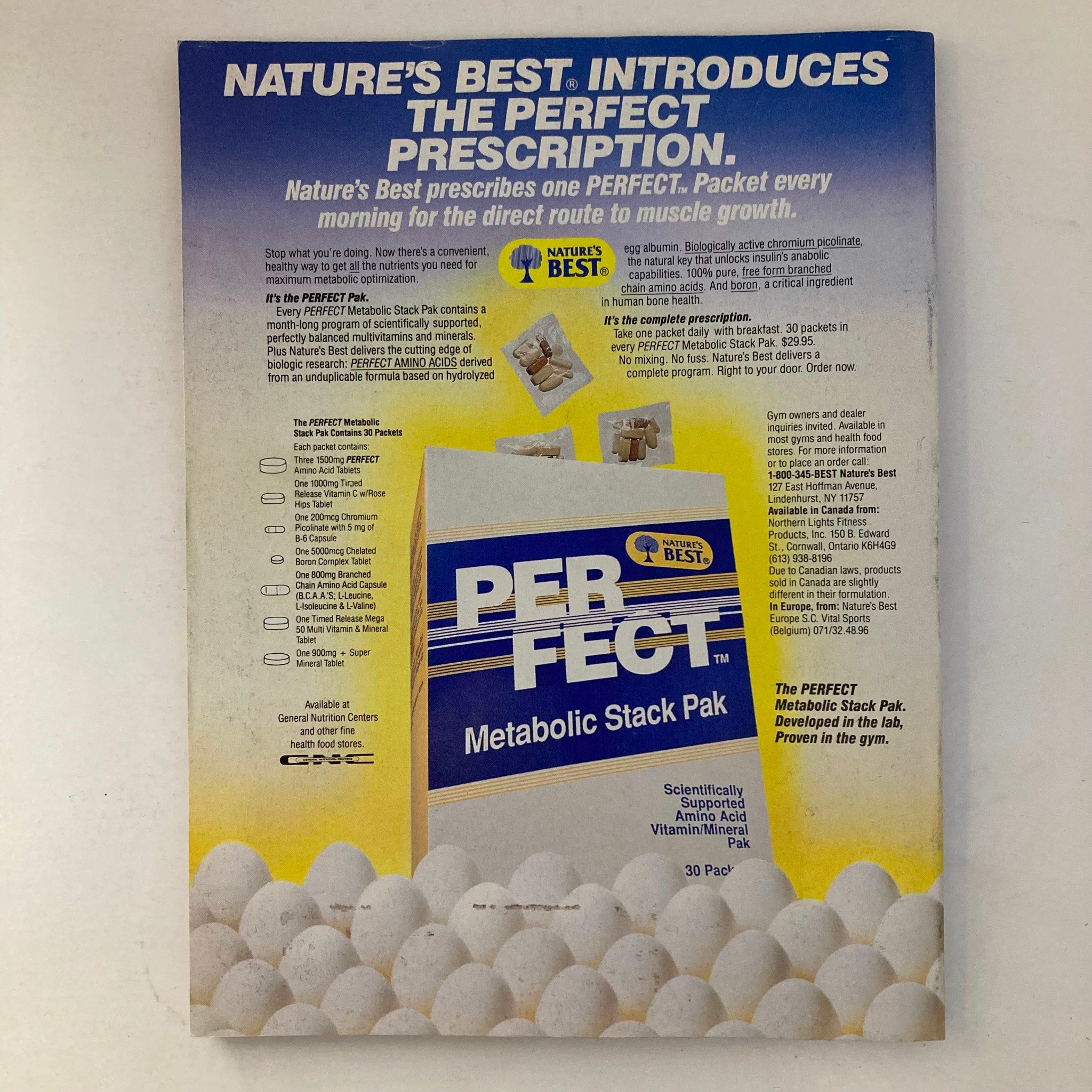 Back cover of Joe Weider's Muscle & Fitness Magazine from November 1989, promoting Nature's Best Metabolic Stack Pak, with a visually engaging design that emphasizes health and fitness.