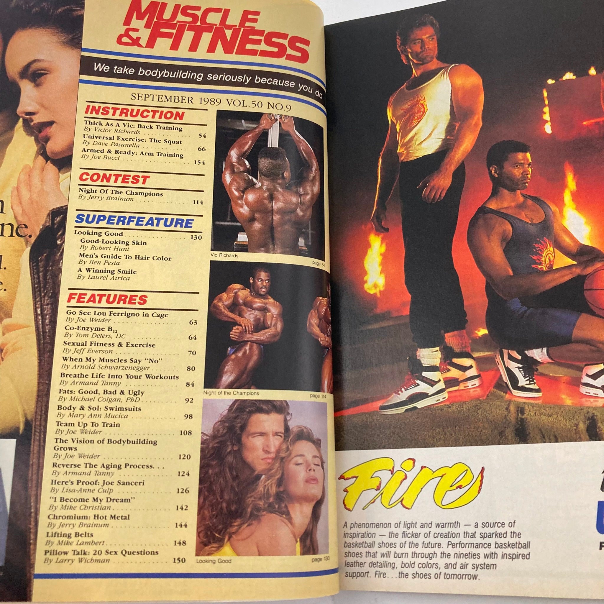 Inside page from Joe Weider's Muscle & Fitness Magazine September 1989 displaying feature sections including instruction, contest, and superfeature highlights.