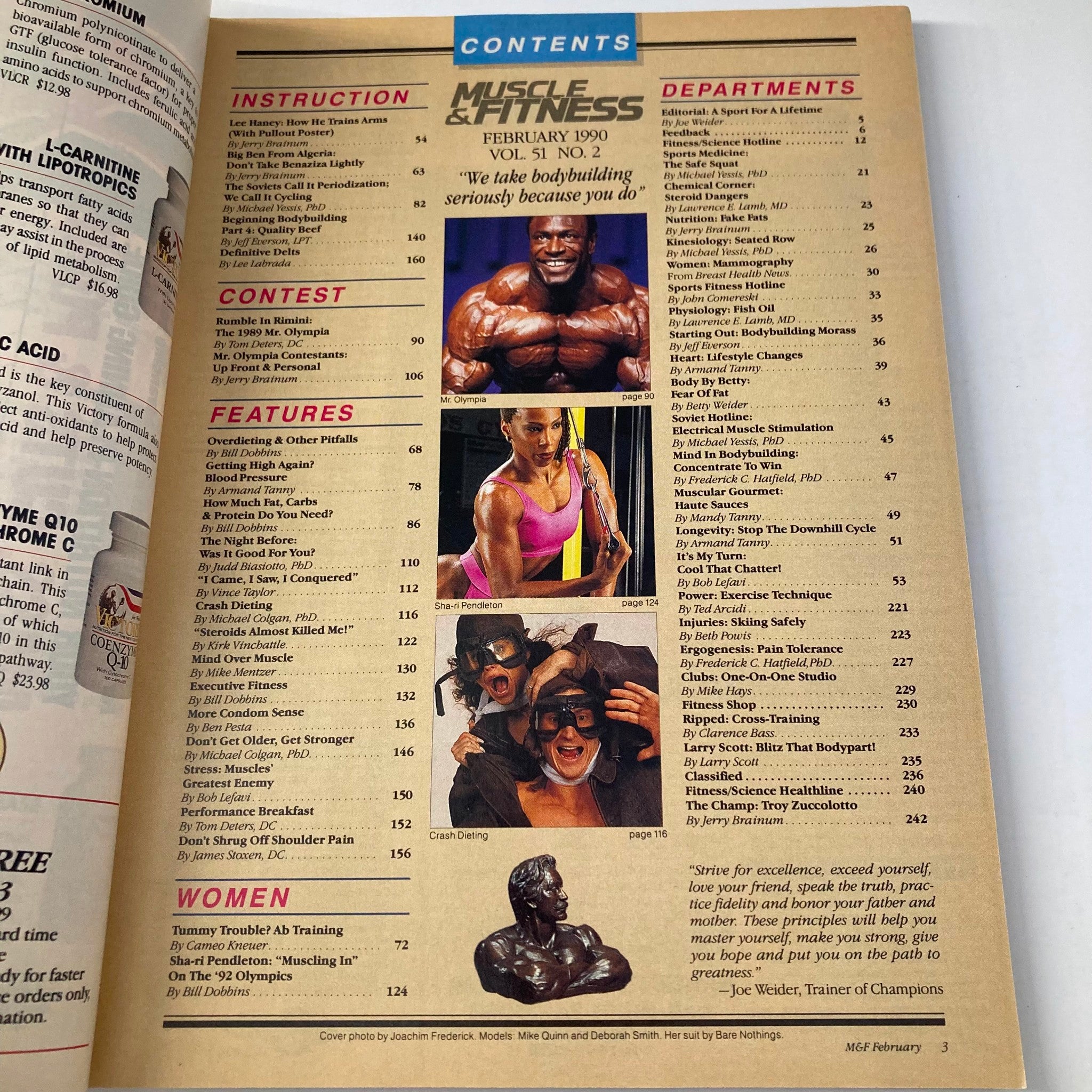Contents page of Joe Weider's Muscle & Fitness Magazine February 1990 featuring articles on bodybuilding, fitness tips, and notable figures like Mr. Olympia and Shari Pendleton.