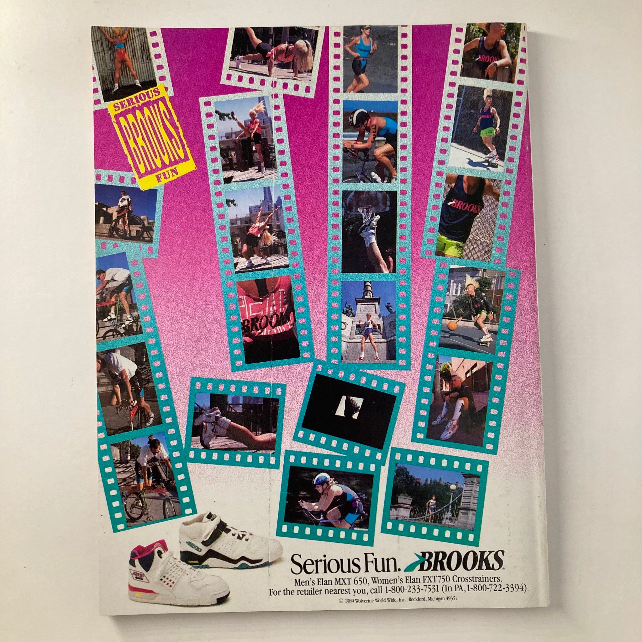 Back cover advertisement from Joe Weider's Muscle & Fitness Magazine February 1990 showcasing athletic activities and Brooks cross-training shoes.